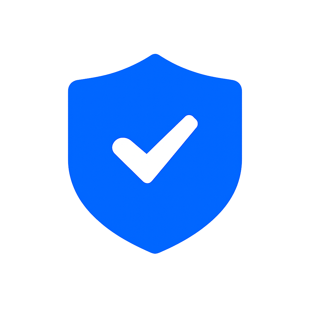 Blauwe shield met witte vink erop, symbool voor beveiliging of goedkeuring.