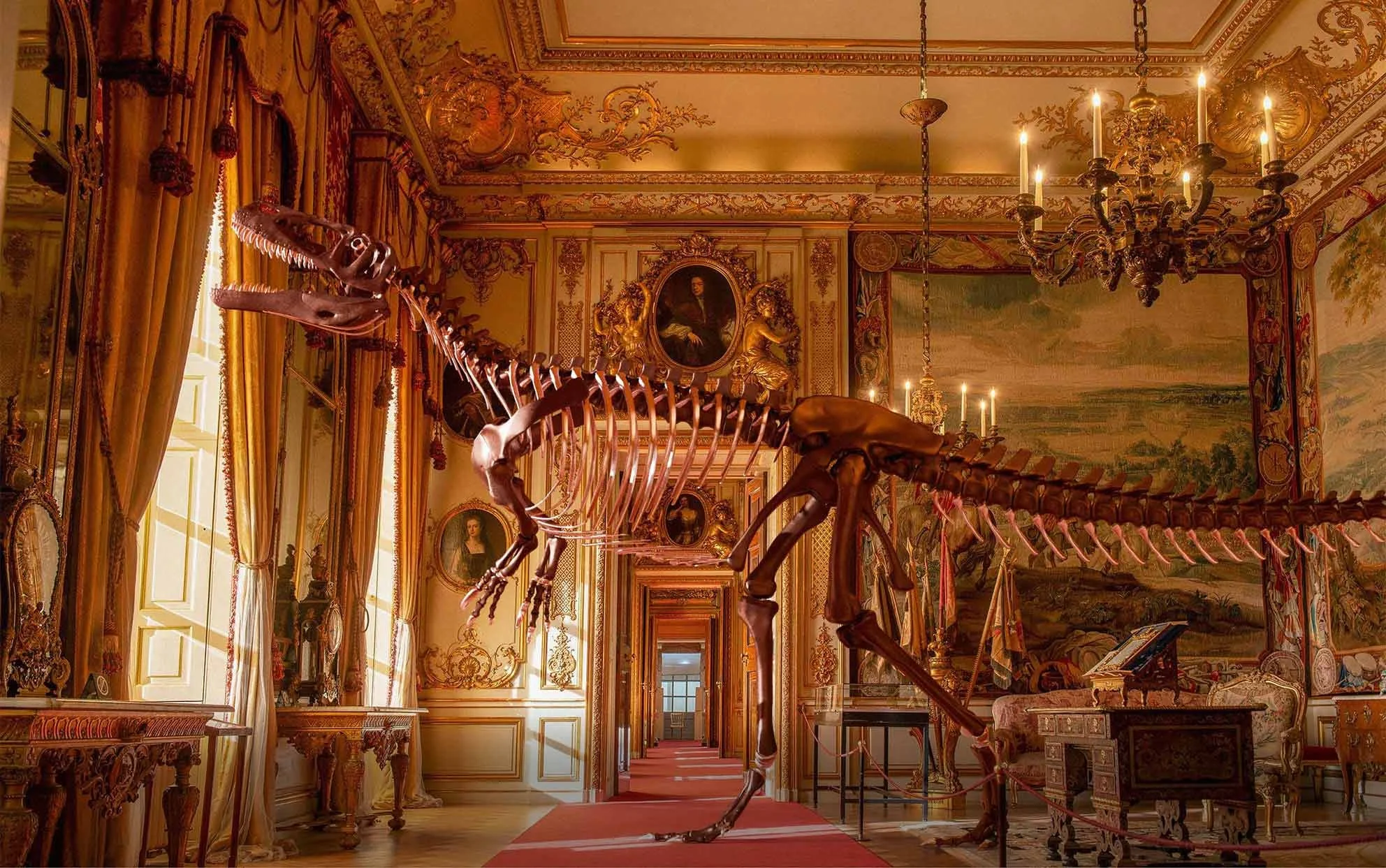 Full-scale Megalosaurus sculpture by Jay Jay Burridge, displayed inside Blenheim Palace.