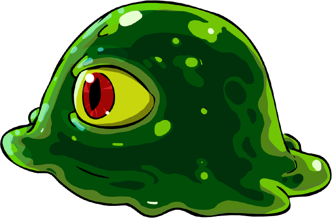 Cartoon green frog with a large yellow eye and red pupil, looking to the left.