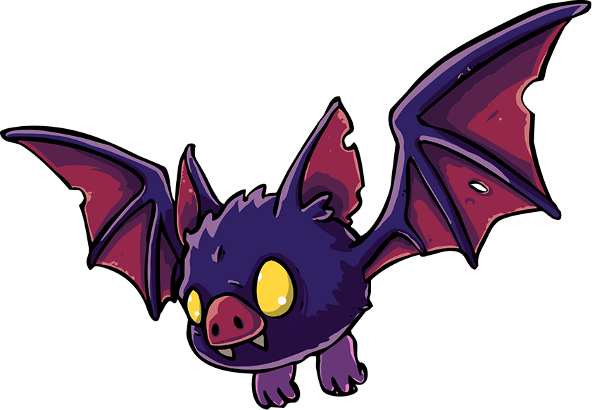 Cartoon-style bat with yellow eyes, pink nose, small fangs, purple fur, and red-tinted wings