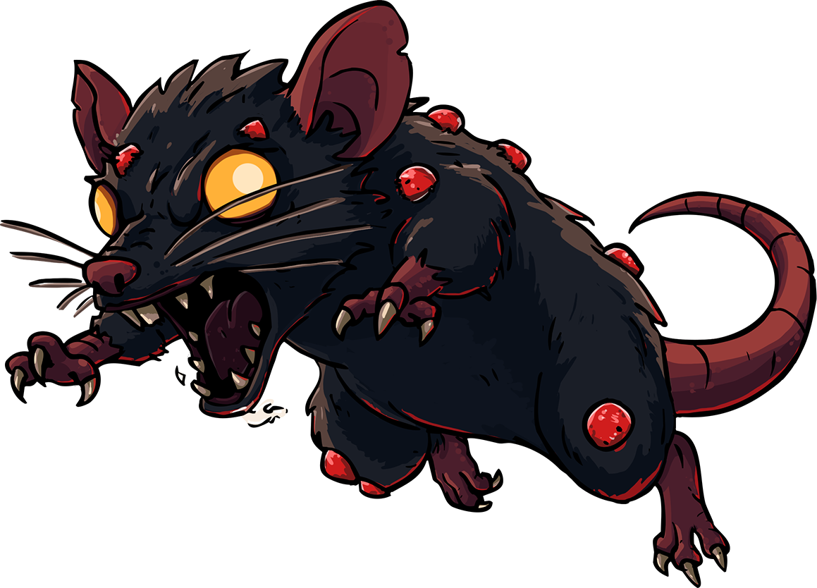 A cartoon illustration of a black rat with red eyes, yellow pupils, sharp teeth, and glowing eyes, covered with red parasites or pimples, against a black background.