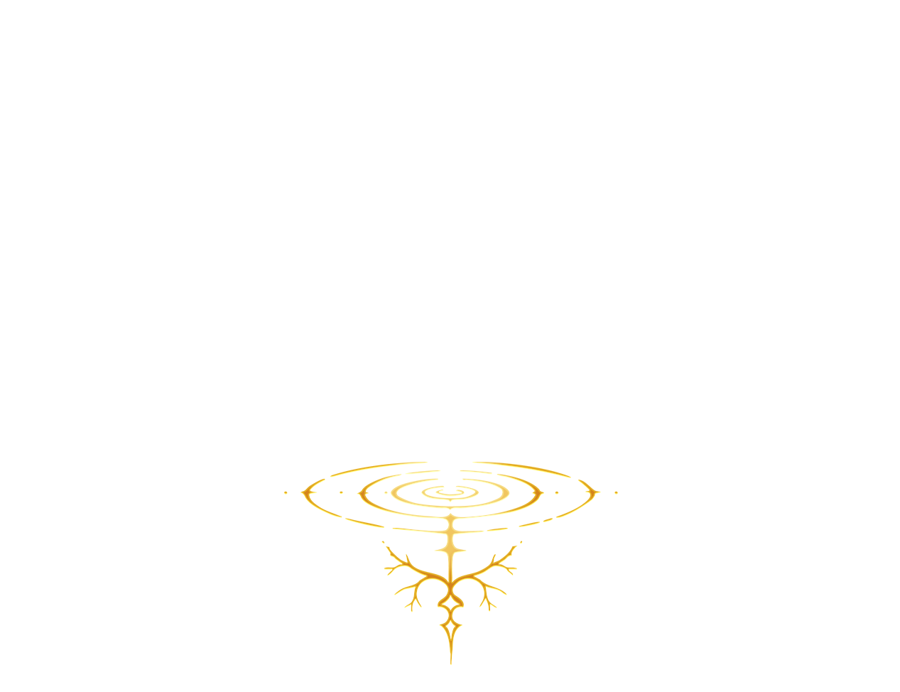 Black background with a golden, abstract symmetrical tree and water ripple design at the bottom center.