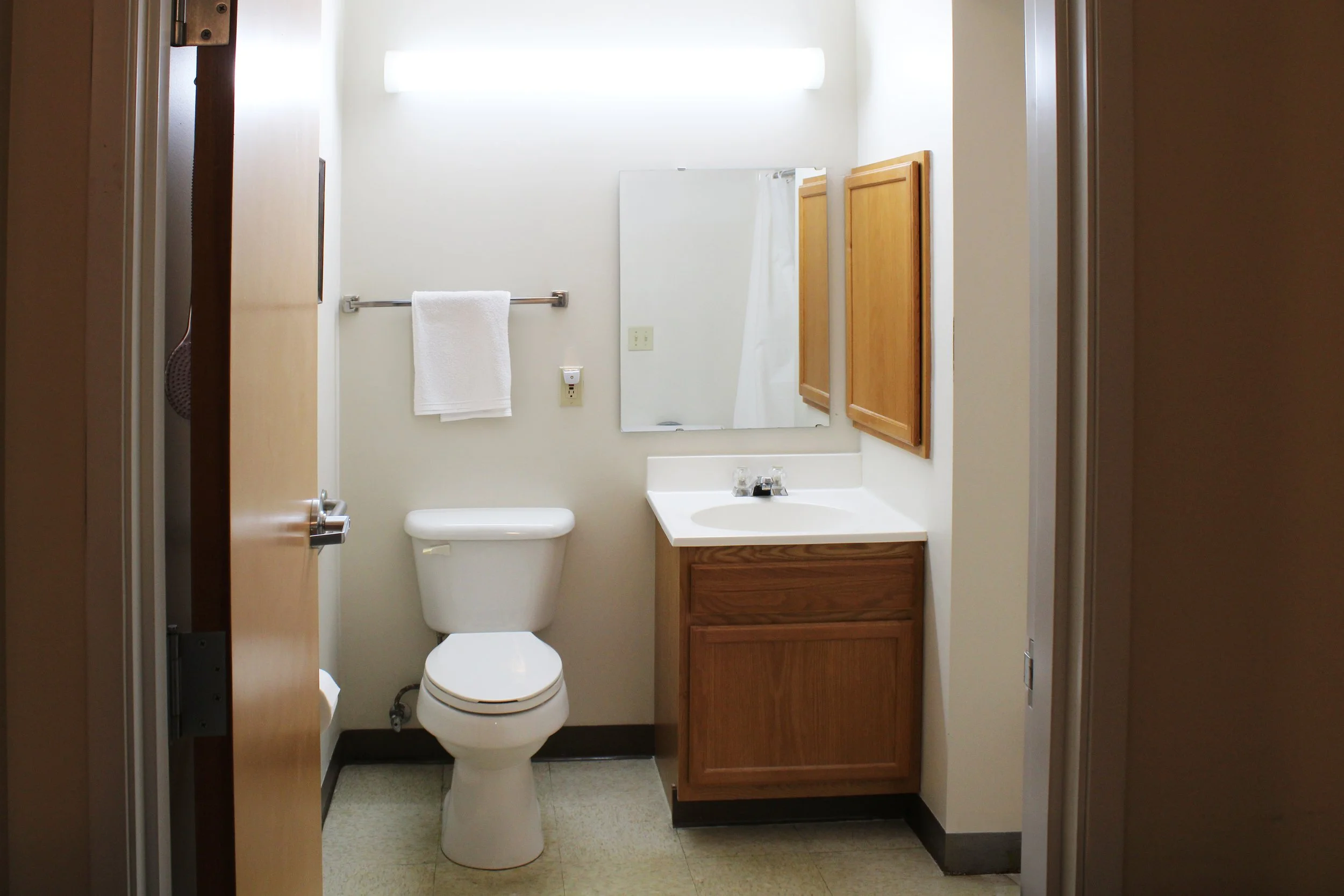 A small bathroom with a toilet, a mirror, a wooden cabinet, a vanity with a sink, a towel bar with a white towel, and a shower curtain visible in the mirror.