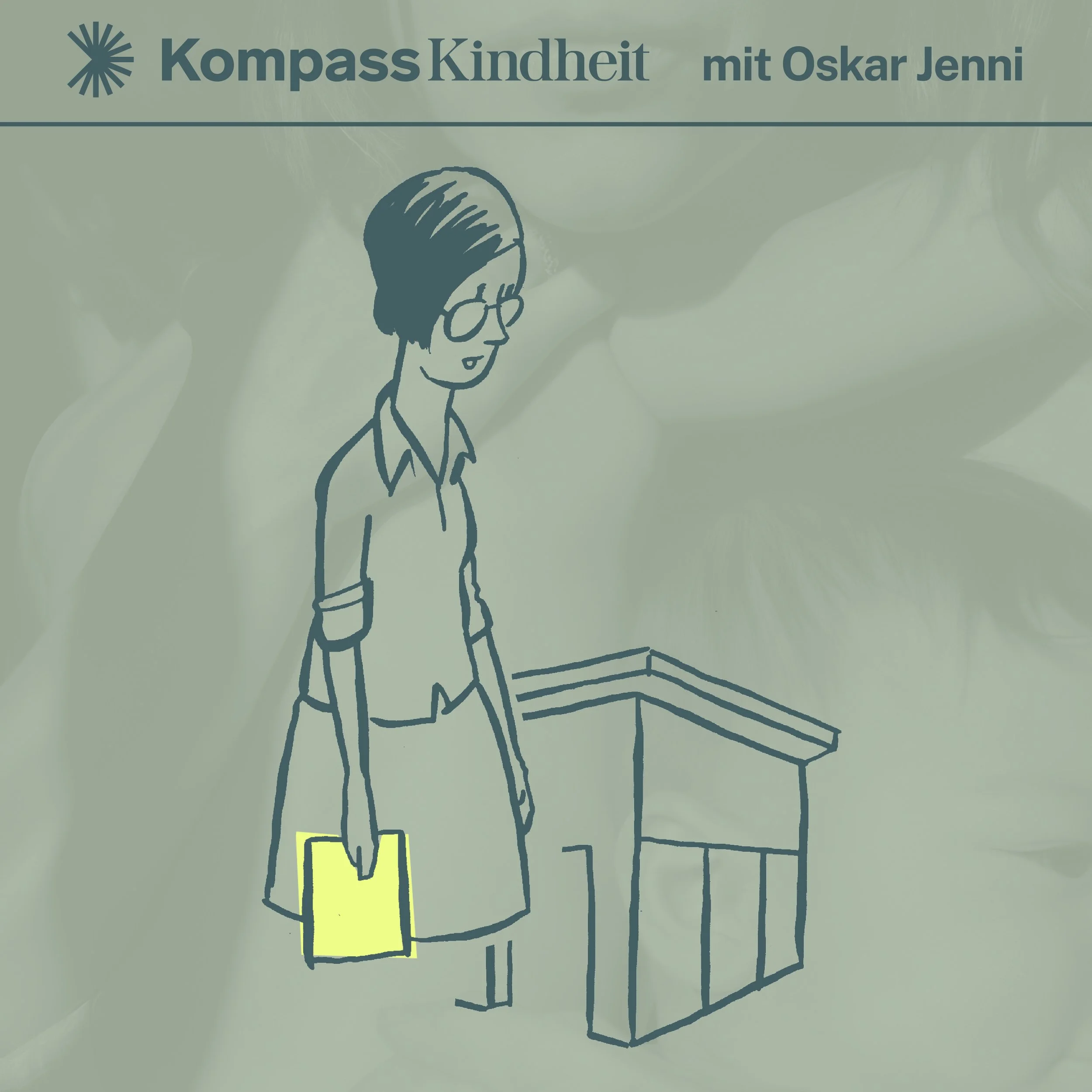 Kompass-Kindheit-Podcastcover: Illustration einer älteren Frau mit Brille, die mit einer Tasche neben einem Schulgebäude steht.