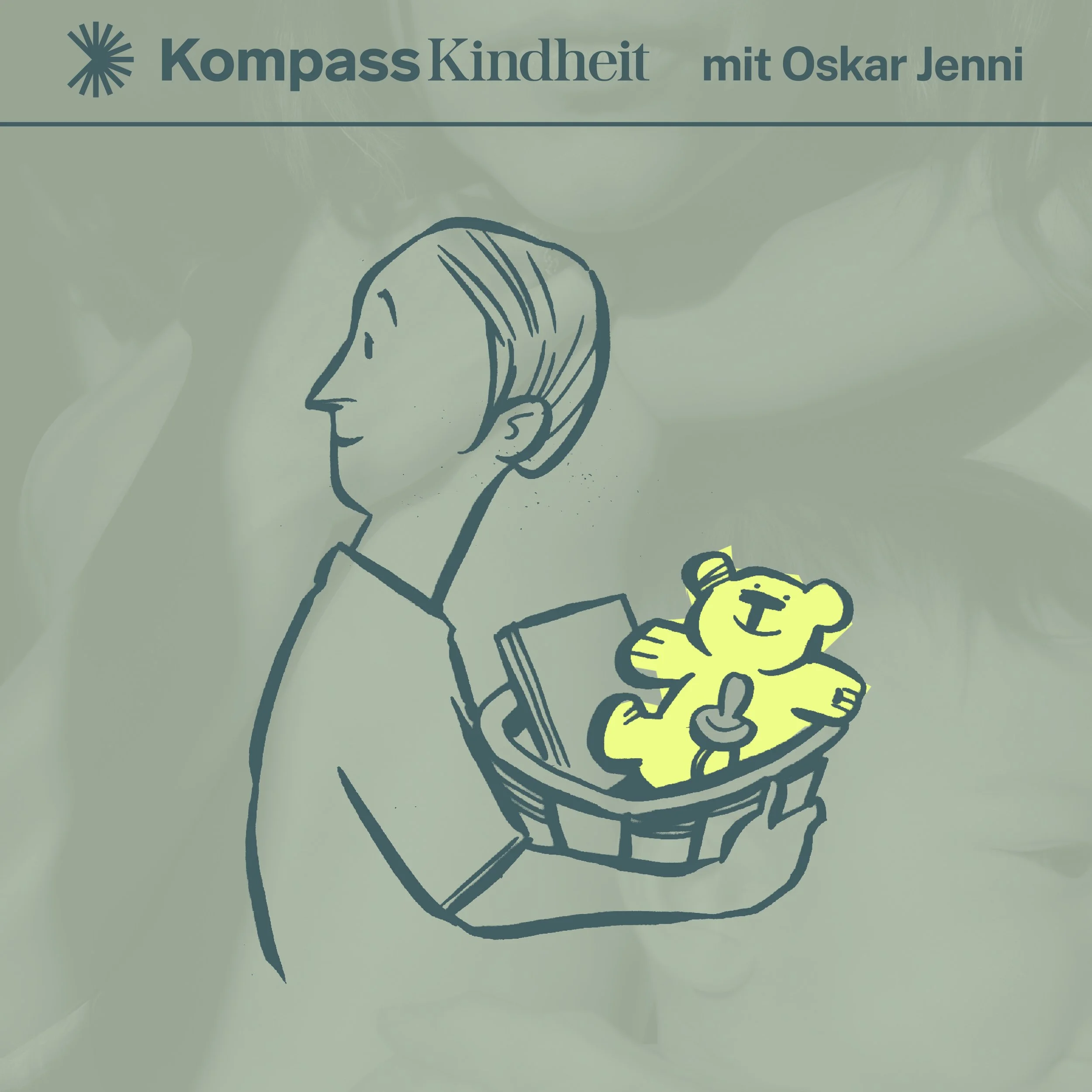 Podcast-Cover 'Kompass Kindheit mit Oskar Jenni': Illustration einer Person, die einen Korb mit Büchern und einem Teddybären trägt, auf grünem Hintergrund.