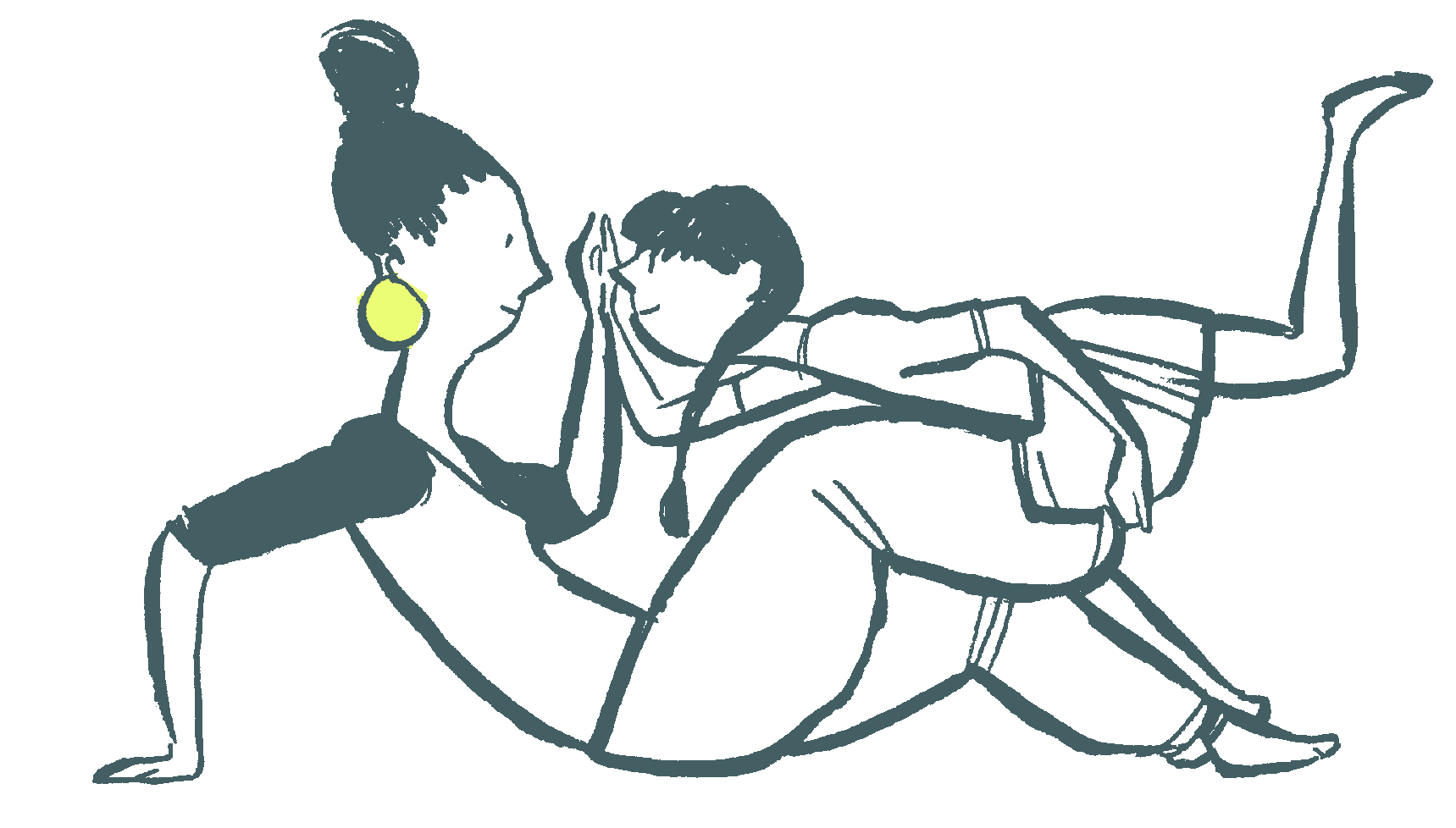 Illustration Kompass Kindheit: Mutter und Kind spielen ausgelassen miteinander, Strichzeichnung mit gelbgrünem Farbakzent am Ohrring – Symbol für Nähe und Verspieltheit