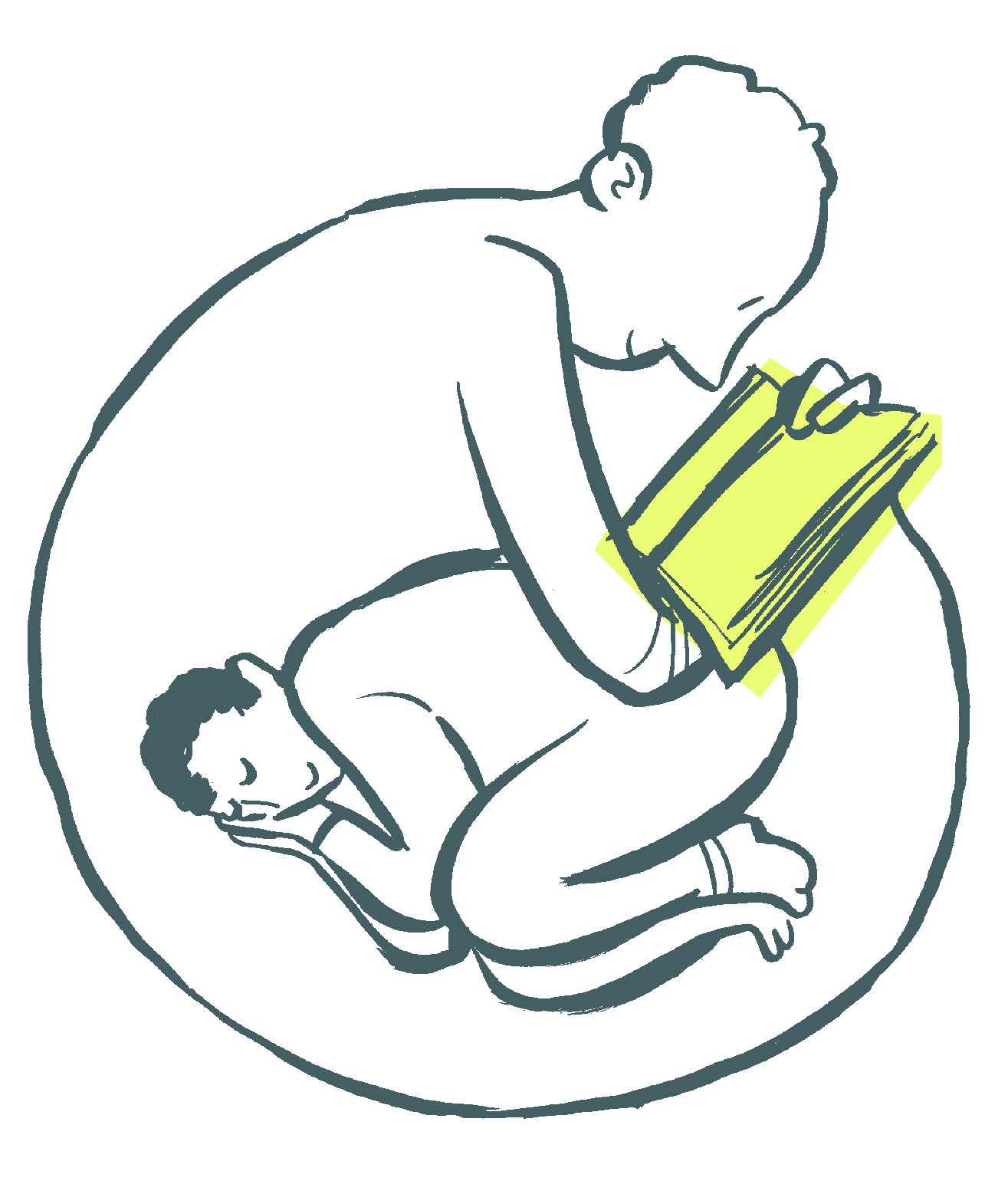 Zeichnung einer Person in eingerollter, embryonaler Haltung innerhalb eines Kreises, die konzentriert in einem leuchtend gelben Buch liest – Symbolbild für Geborgenheit und frühkindliches Lernen.