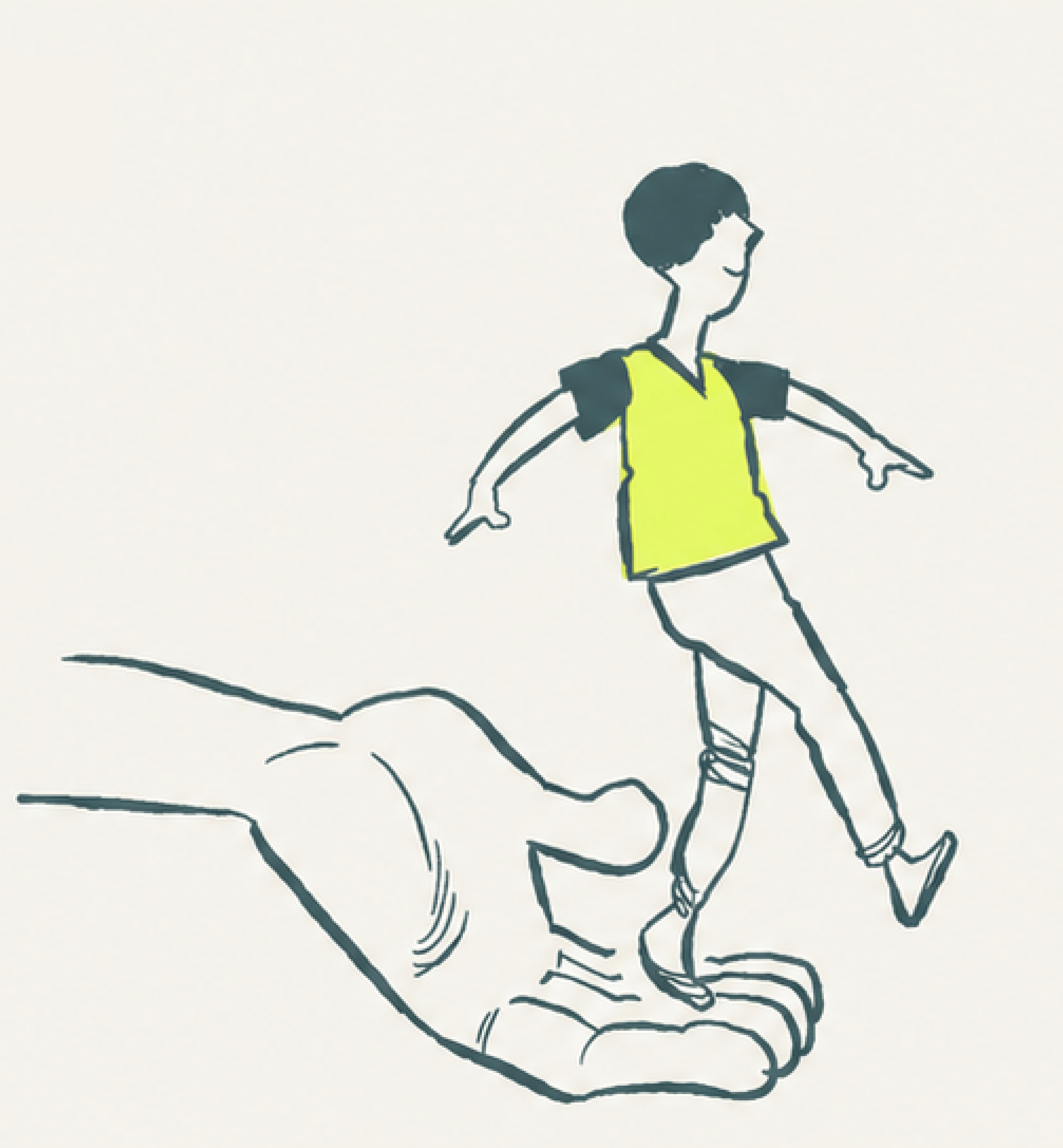 Illustration Kompass Kindheit: Kind balanciert auf stützender Hand, Strichzeichnung mit gelbgrünem Farbakzent – Symbol für Halt und Vertrauen