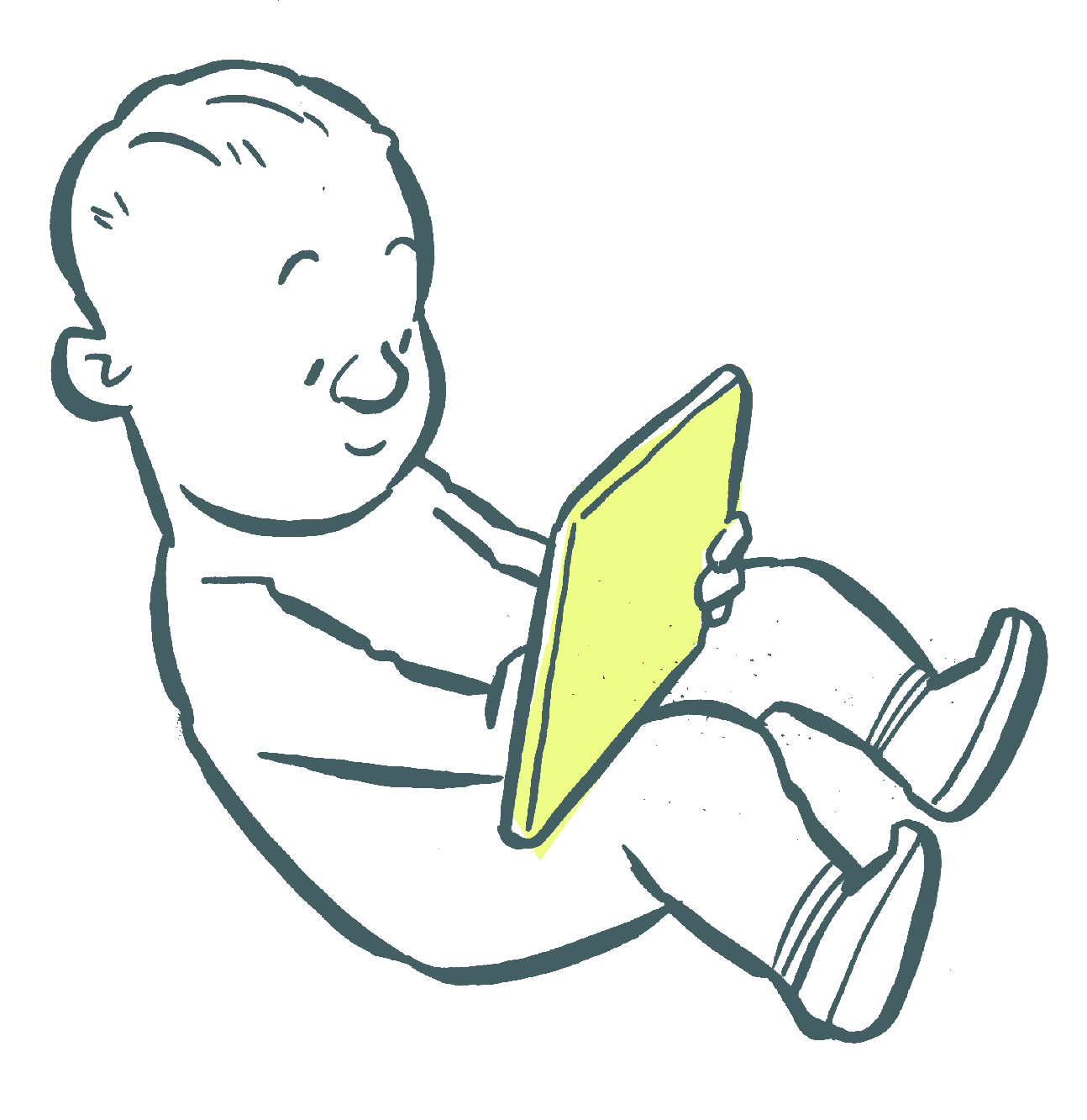 Illustration eines lächelnden Kleinkinds, das zurückgelehnt sitzt und ein leuchtend gelbes Tablet in den Händen hält, als Sinnbild für Bildschirmzeit in der frühen Kindheit.