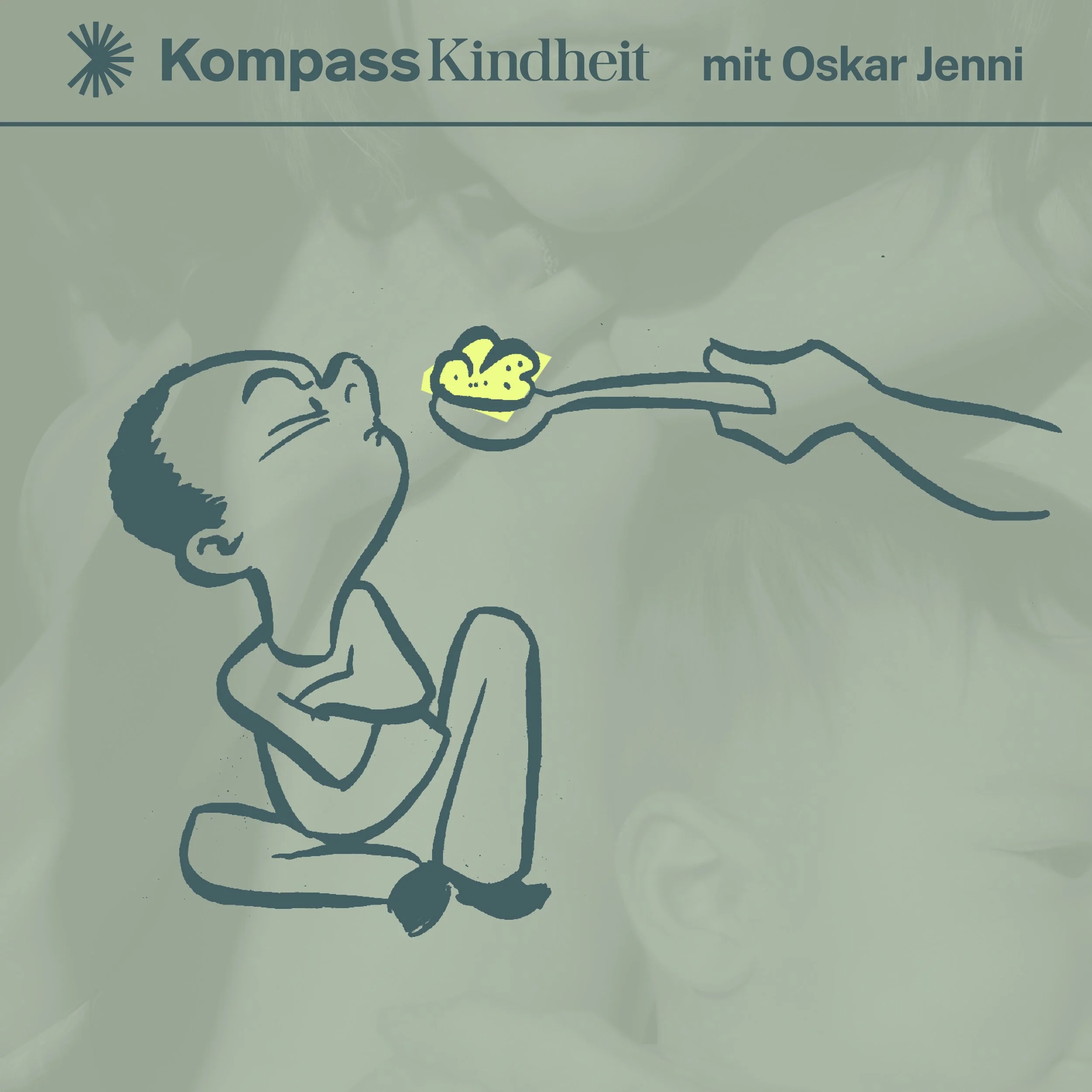 Kompass-Kindheit-Podcastcover: Kleinkind sitzt am Boden und wird von einer Hand mit dem Löffel gefüttert.