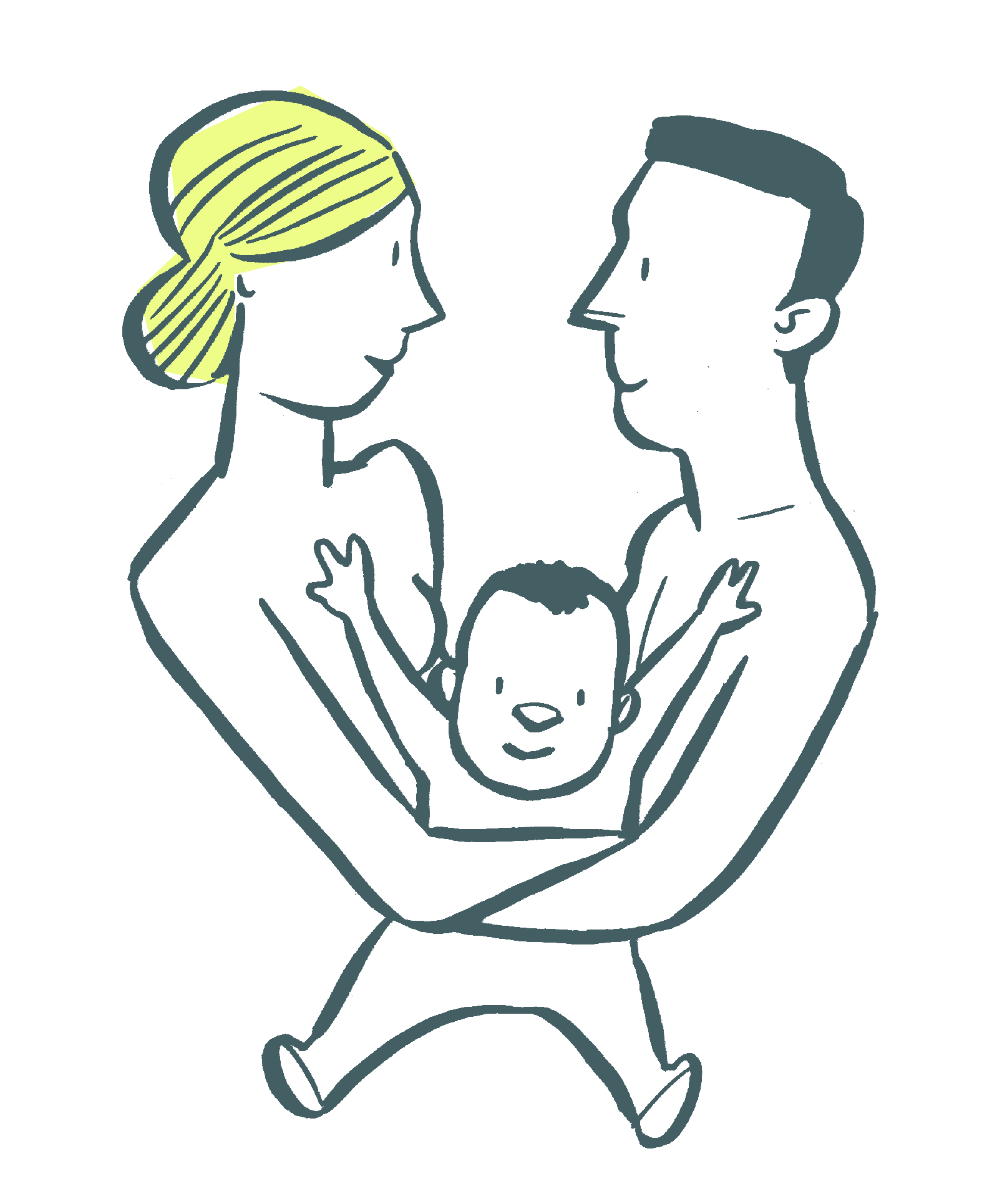 Illustration einer glücklichen Familie mit Mutter, Vater und Baby, die gemeinsam in liebevoller Haltung dargestellt werden.