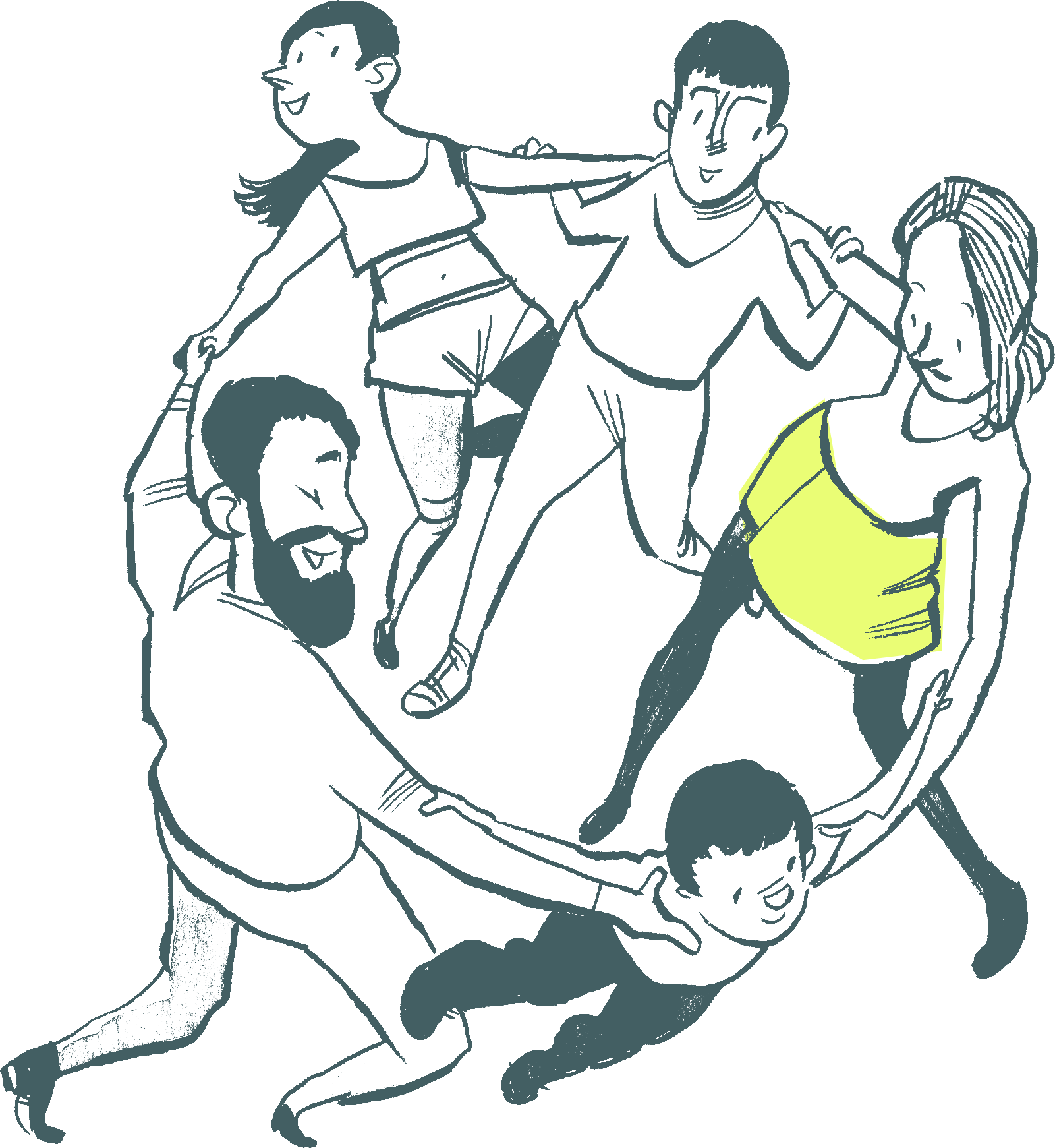 Illustration einer Familie mit Kindern, die gemeinsam im Kreis spielen und Spaß haben. Eltern und Kinder halten sich an den Händen und bewegen sich fröhlich miteinander.