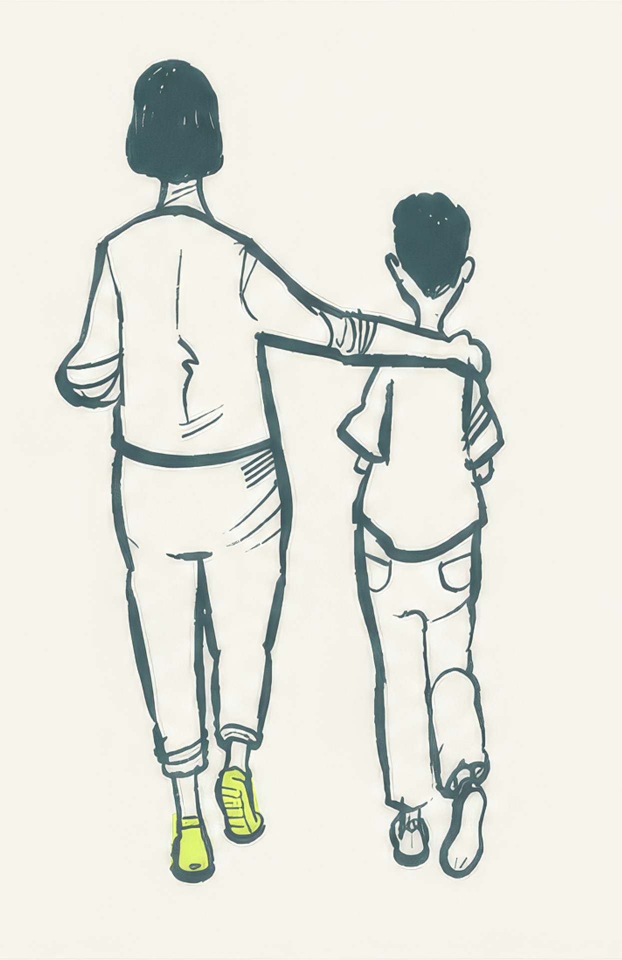 Illustration einer erwachsenen Person und eines Kindes, die Arm in Arm von hinten zu sehen sind und gemeinsam einen Weg entlanggehen.