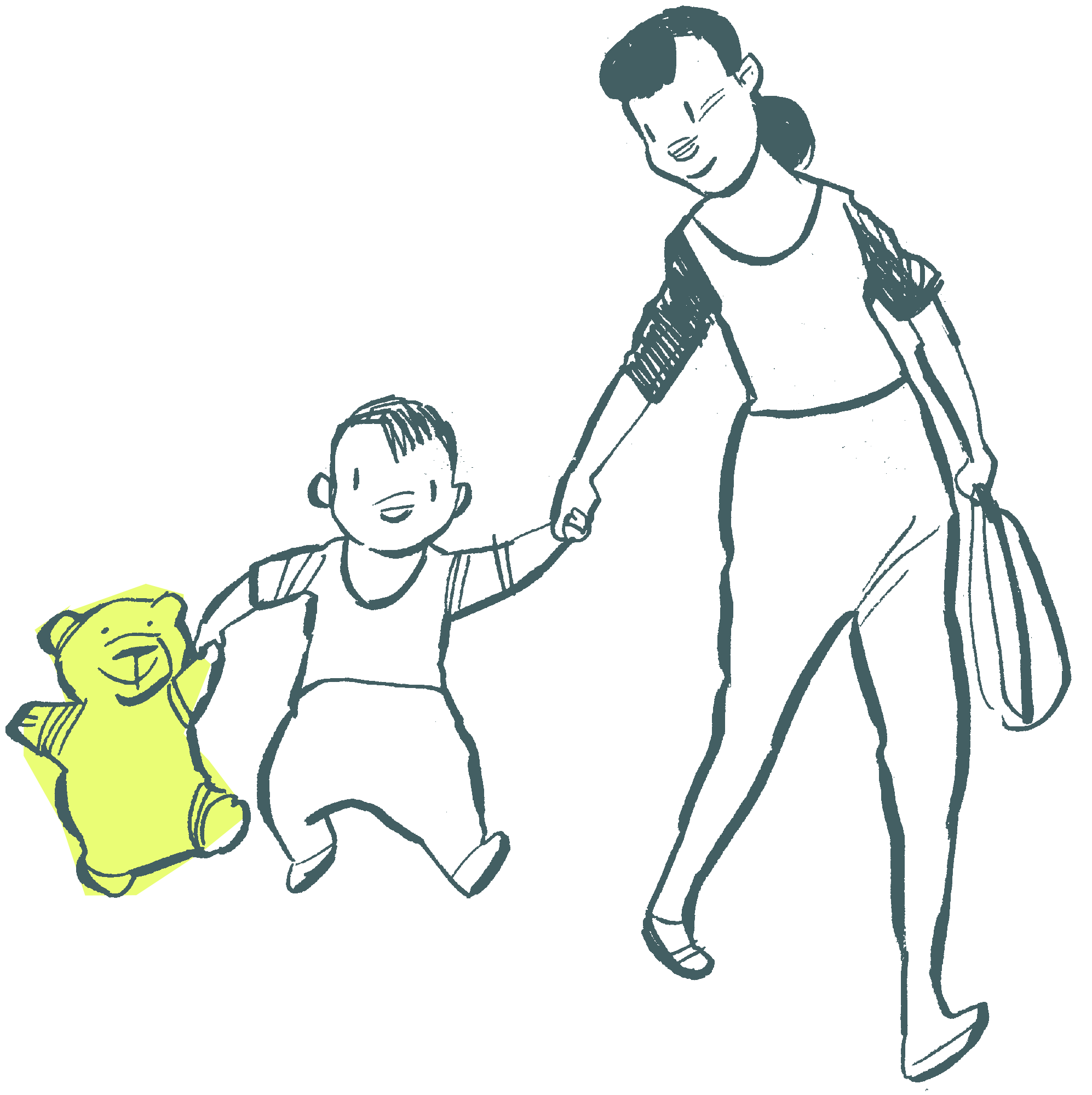 Illustration einer Mutter, die mit ihrem Kleinkind an der Hand spazieren geht, das Kind hält einen gelben Teddybären; Strichzeichnung im Skizzenstil auf cremefarbenem Hintergrund.