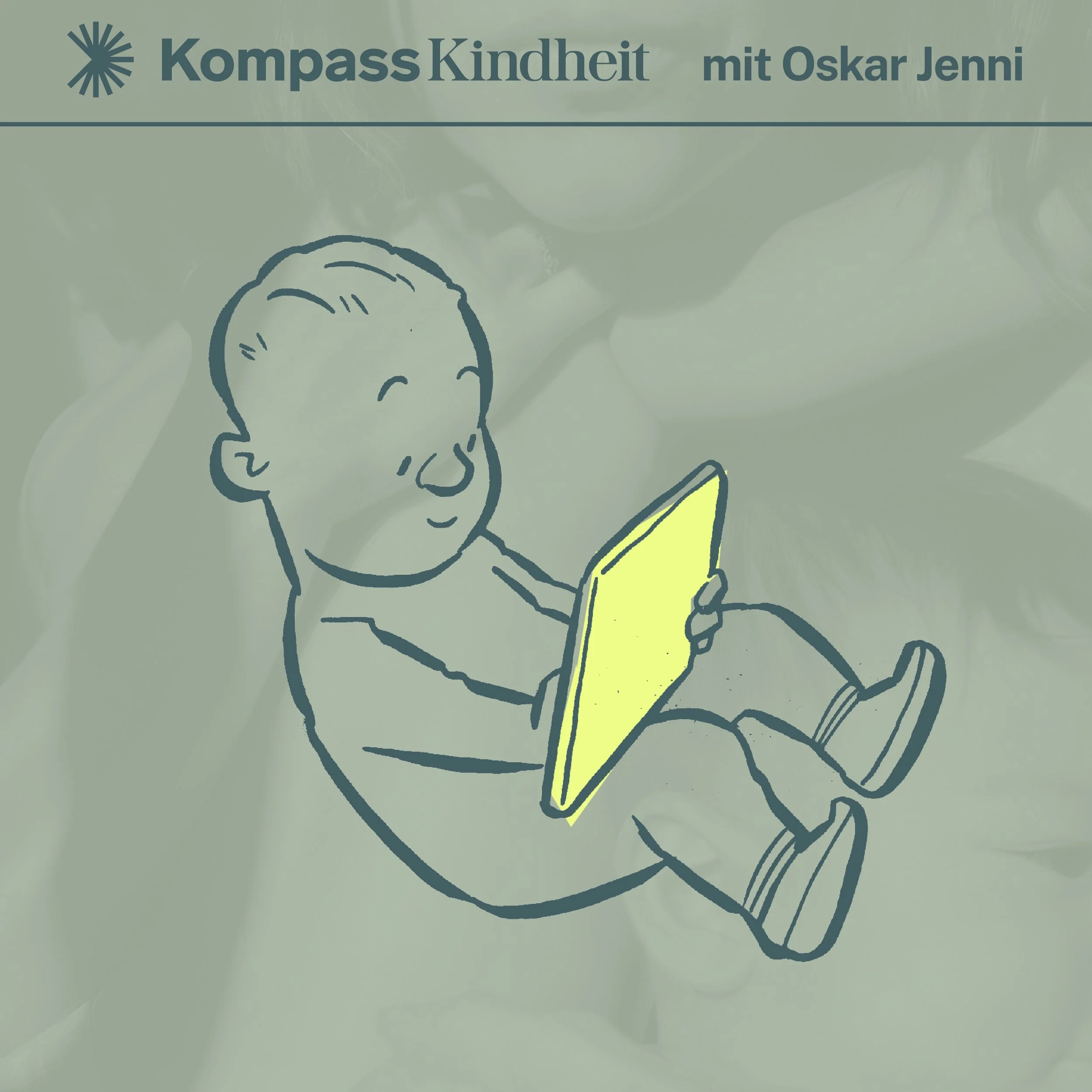Kompass-Kindheit-Podcastcover: Kleinkind sitzt am Boden und schaut konzentriert auf ein Tablet in seinen Händen.