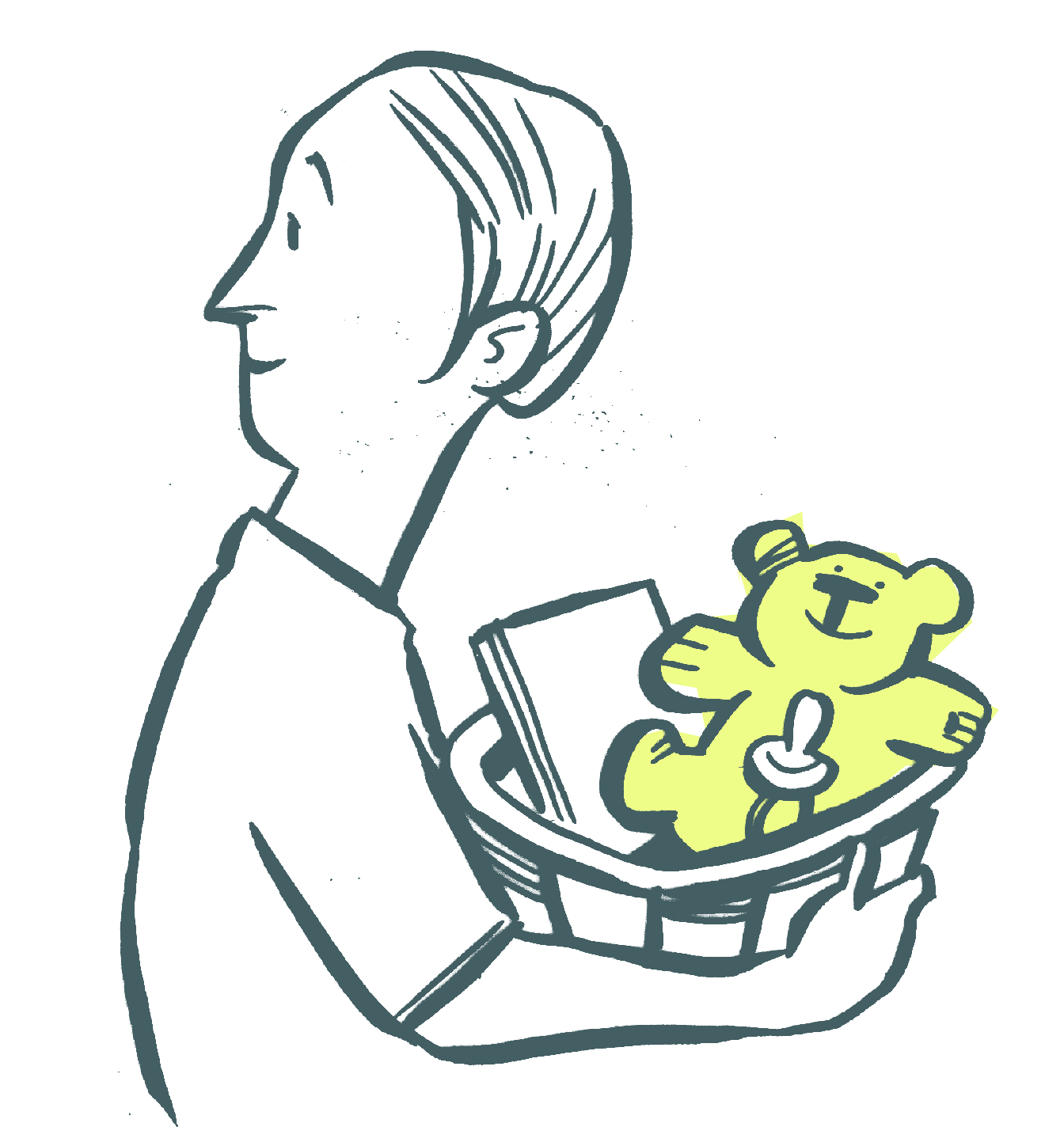 Linien-Illustration einer Person im Profil, die einen Korb mit Buch, Nuggi und gelbem Teddybär trägt – Sinnbild für die erste Zeit mit Baby