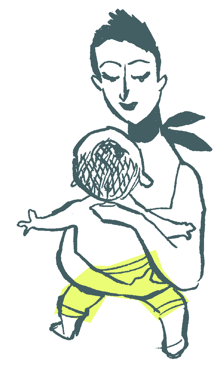 Illustration im Kompass-Kindheit-Stil: Erwachsene Person hält ein Baby liebevoll im Arm, Strichzeichnung in Waldgrün mit gelbgrünem Farbakzent an der Kleidung des Kindes