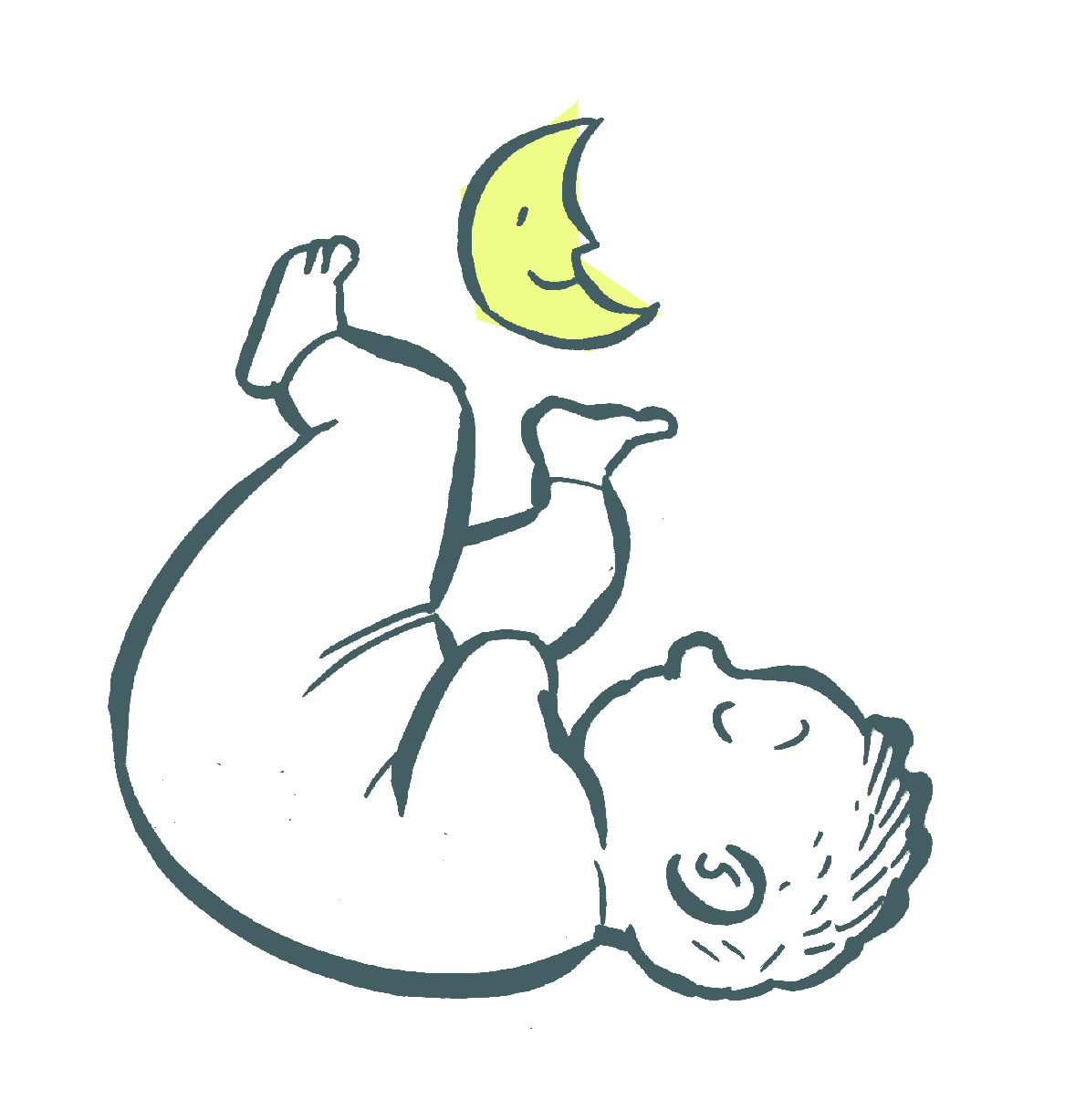 Minimalistische Illustration eines schlafenden Babys mit angezogenen Beinchen neben einem lächelnden Halbmond