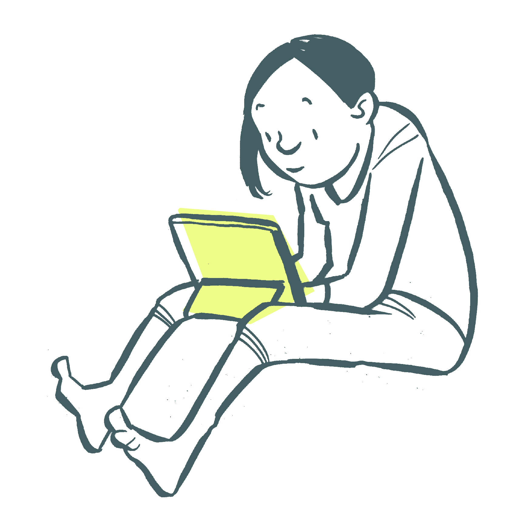 Illustration eines Teenagers, der entspannt auf dem Boden sitzt und auf einen Laptop schaut.