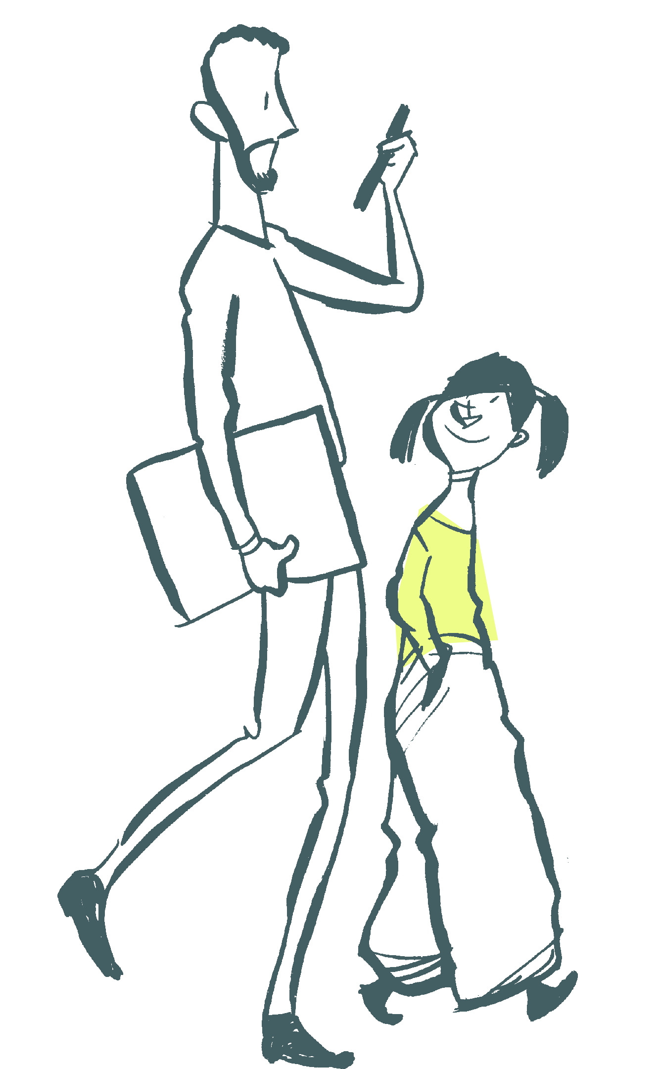 Illustration eines Vaters mit Bart, der telefoniert und eine Mappe unter dem Arm trägt, während er neben seiner lächelnden Tochter mit Zöpfen hergeht; Strichzeichnung im Skizzenstil auf cremefarbenem Hintergrund.