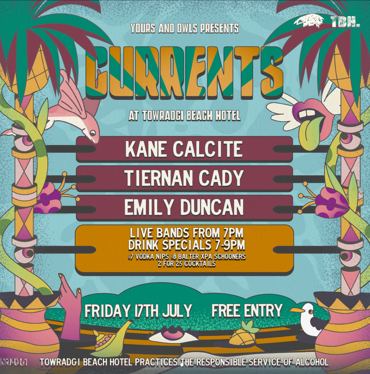 Colorful event poster with tropical and animal-themed illustrations promoting a concert at Towragi Beach Hotel featuring Kane Calcite, Tiernan Cady, and Emily Duncan on July 17th with free entry, live bands from 7 PM, and drink specials.