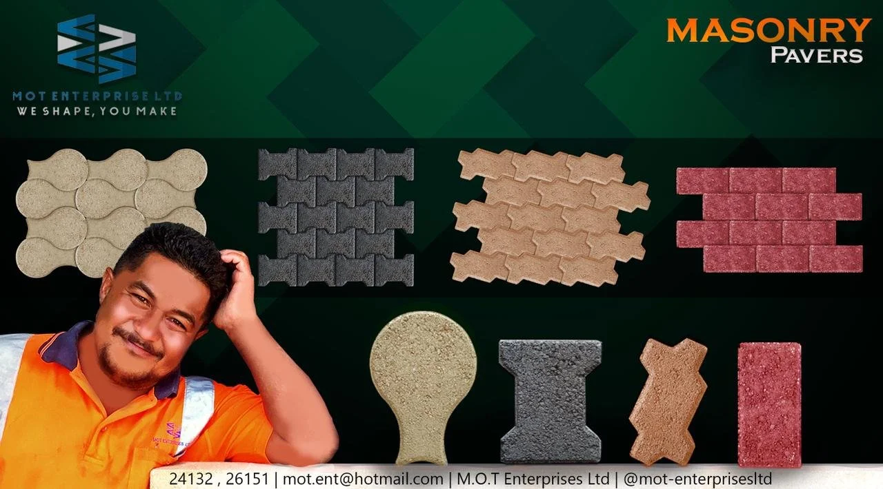 Box of masonry pavers in various shapes and colors, including circular, rectangular, and interlocking pieces, with a smiling man in an orange shirt in the lower left corner. The top right corner has the text "MASONRY PAVERS."