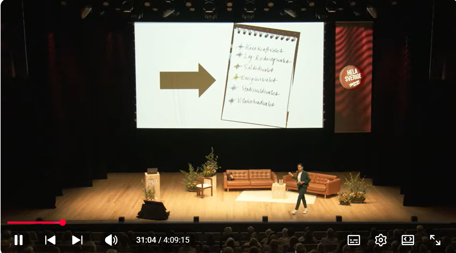 A speaker on stage at a conference or seminar, standing in front of a large screen displaying a slide with a list of targets and an arrow pointing towards it. The stage is decorated with plants and furniture, and the audience is visible in the foreground.
