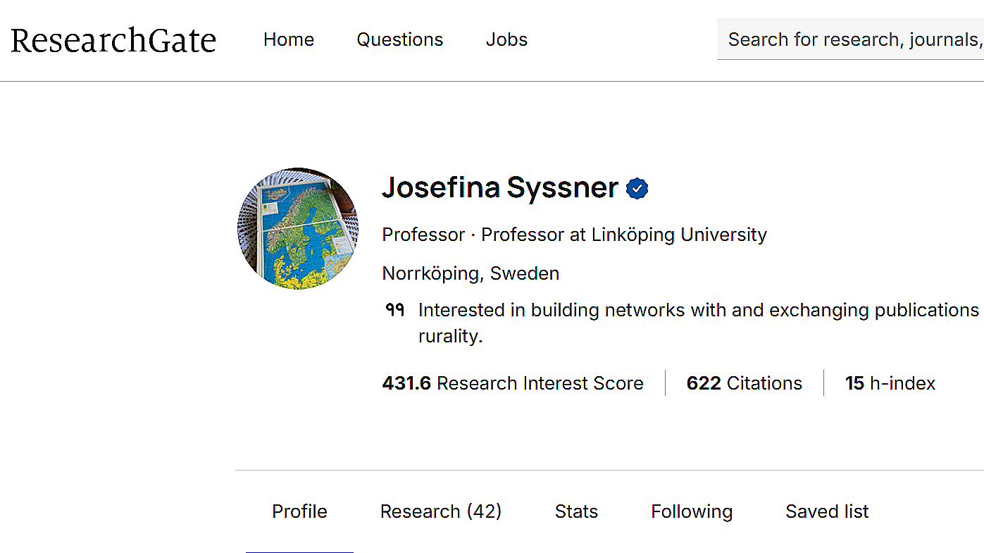 ResearchGate profile page showing Josefina Syssner, a professor at Linköping University in Norrköping, Sweden. Profile includes her research interests in building networks and exchanging publications, with her research interest score, number of citations, and h-index displayed.