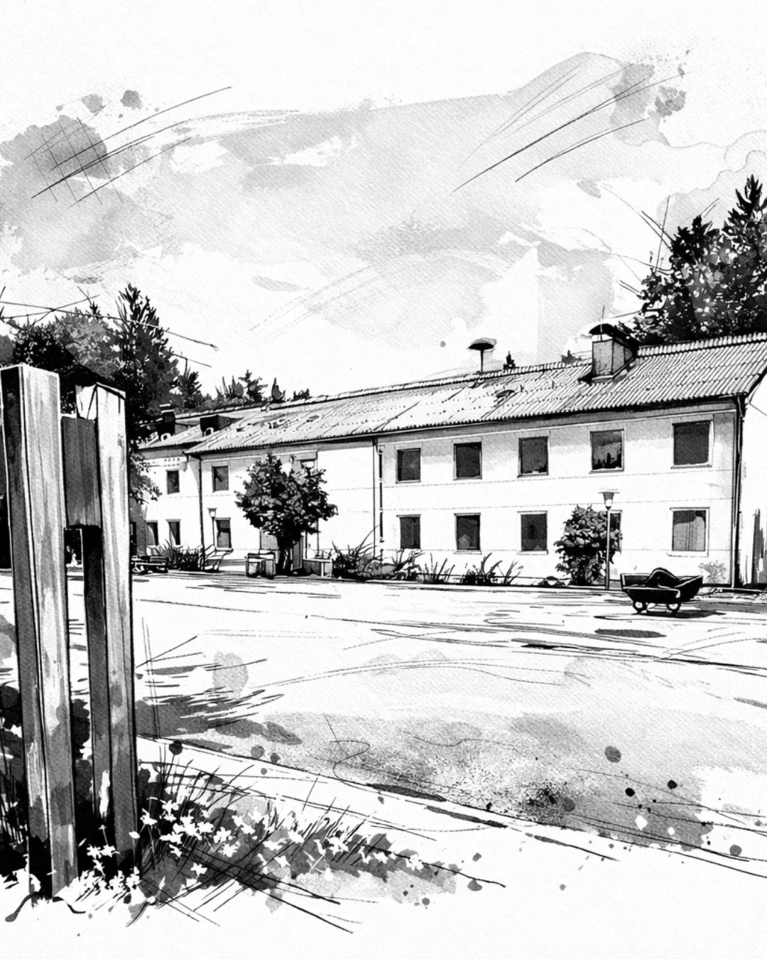 Sketch eines Wohnhauses in einer ruhigen Gegend mit Bäumen, einer leeren Straße und einem Bauwagen im Vordergrund.