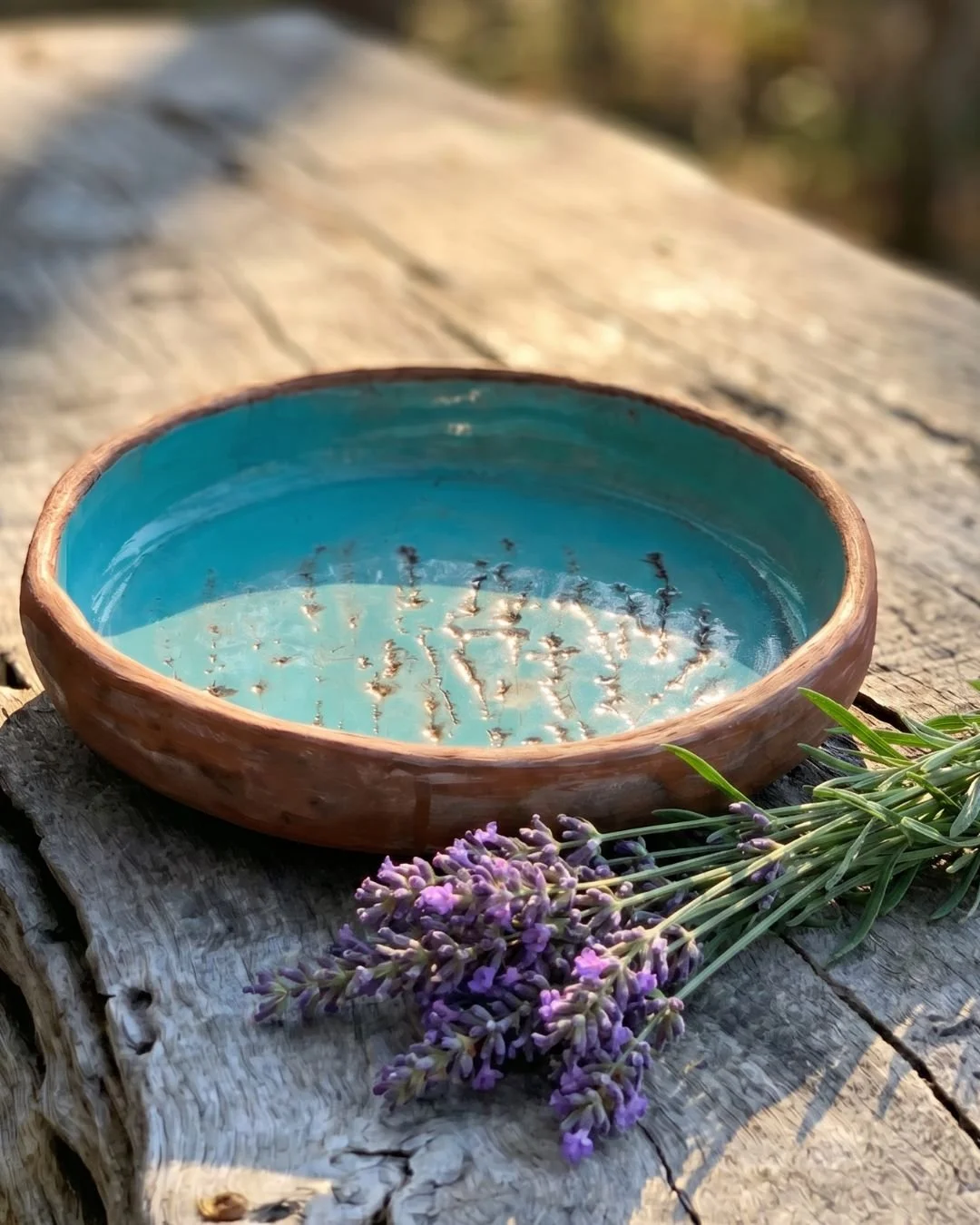 Ein brauner Keramikschale mit blauer Glasur, auf einem Holzstamm liegend, neben einer Lavendelpflanze.