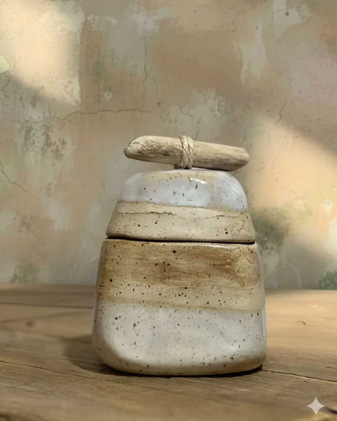 Ceramicgefäße in neutralen Tönen mit Holzstäbchen auf einem Holztisch.