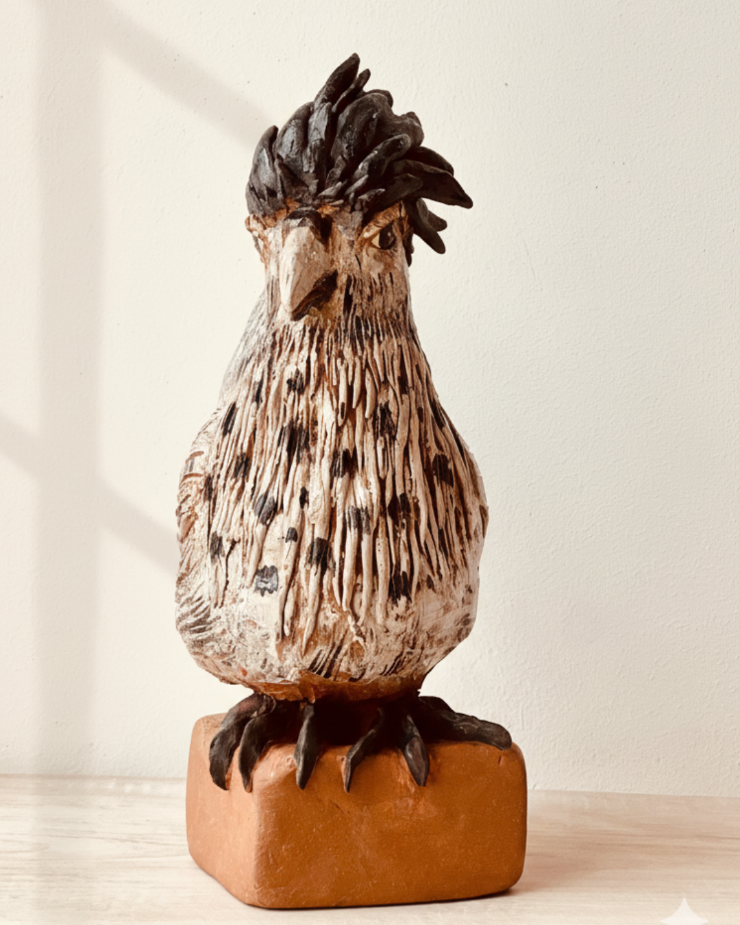 Kunstfulle Skulptur eines Eulen auf einem rechteckigen Sockel, aus Holz gefertigt.