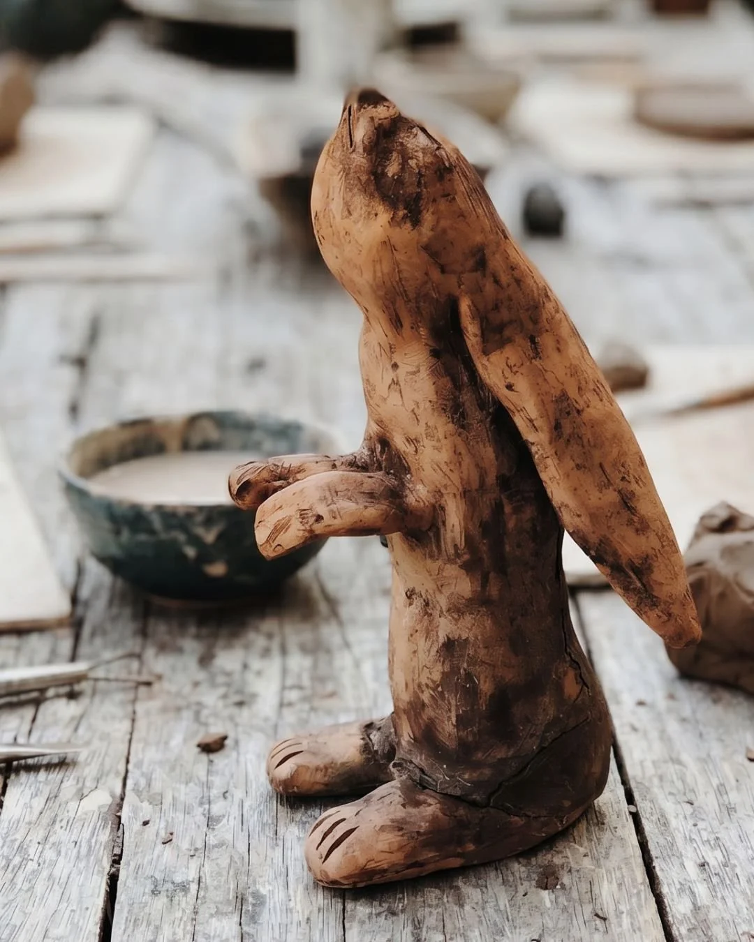 Handgefertigtes Holzfigur eines sitzenden Hasen auf einem alten Holztisch, im Hintergrund eine Schale mit Wasser.