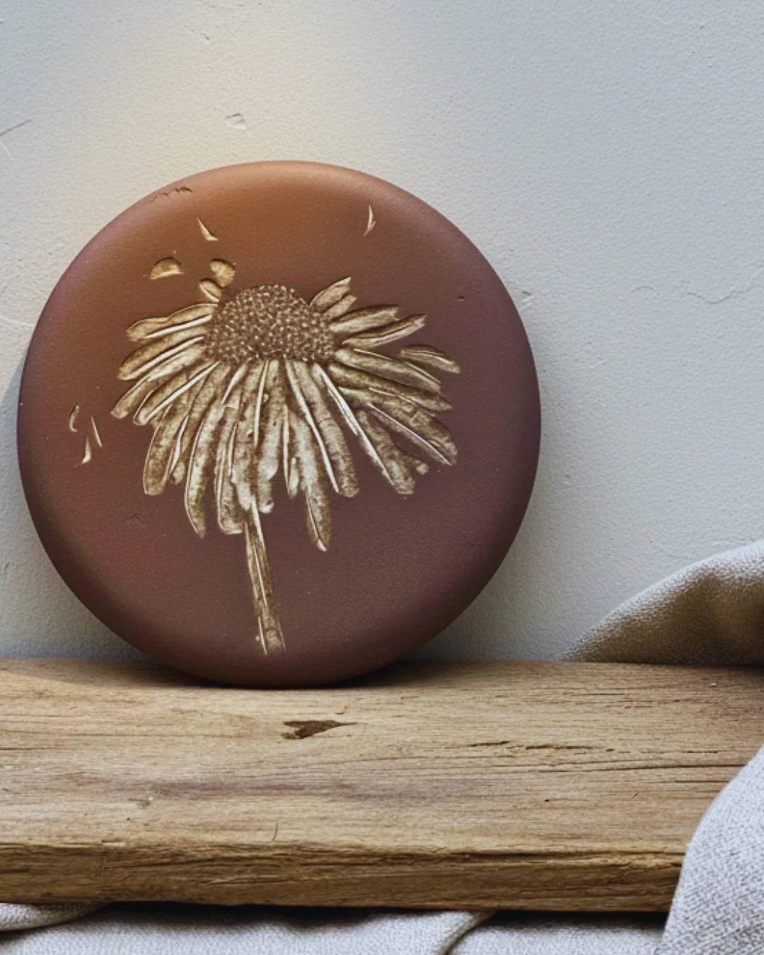 Dekorative Wandplatte mit einer bemalten Gänseblümchen-Illustration, auf Holzplatte liegend, vor neutraler Wand, seitlich von Stoffteil