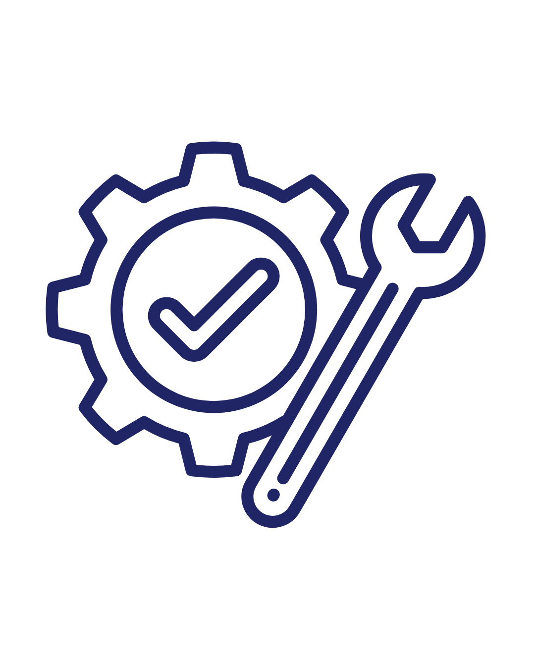 Gear icon with a check mark, wrench, and screwdriver symbolizing maintenance or system support.