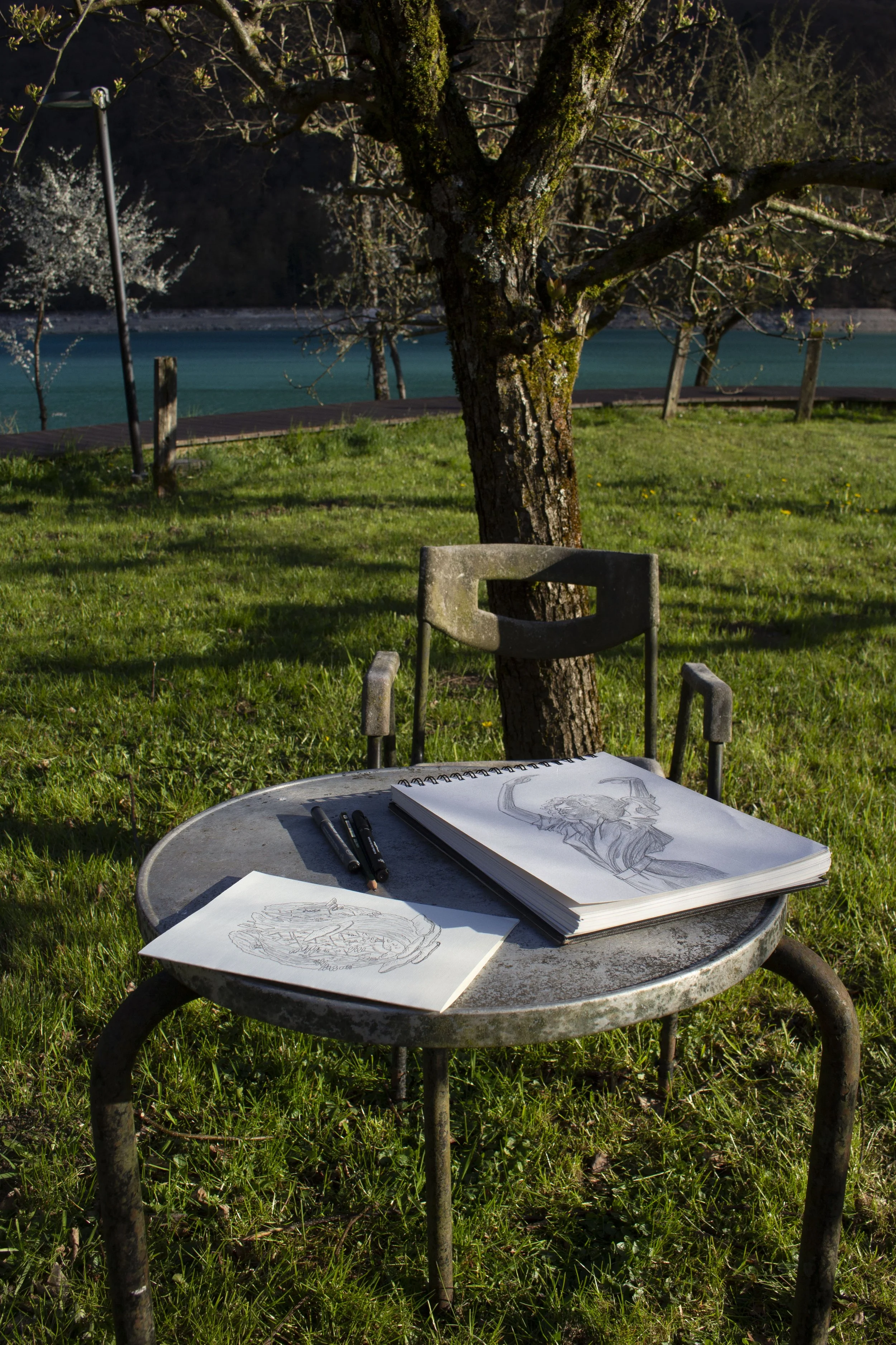 Un tavolo rotondo di metallo con disegni di figure umane e strumenti da disegno, in un'area verde all'aperto con uno sfondo di alberi e acqua, in una giornata serena.