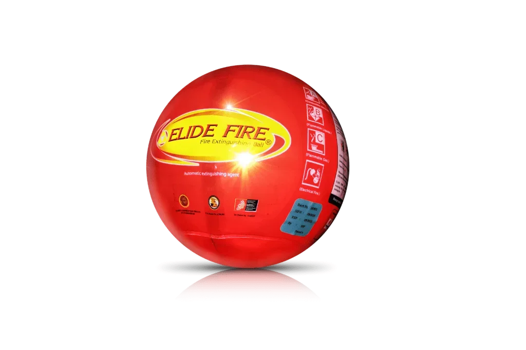 une boule orange de l'extincteur automatique ELIDE FIRE avec des instructions et des symboles