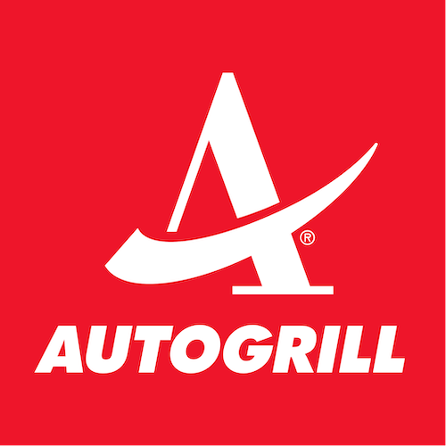 Logo d'Autogrill avec un fond rouge, symbole stylisé blanc et le mot 'AUTOGRILL' en blanc en dessous.