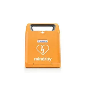 Un défibrillateur externe automatisé orange avec une icône de cœur et un éclair, marqué du nom 'mindray'.