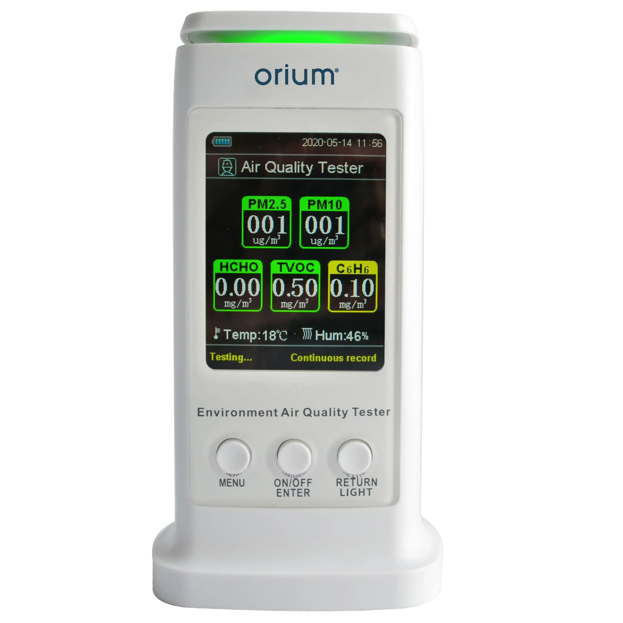Un détecteur de qualité de l'air nommé 'Orium', affichant des niveaux de particules PM2.5 et PM10, avec des boutons en dessous portant les inscriptions MENU, ON/OFF, RE-RETURN, LIGHT.