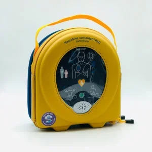 Un défibrillateur semi-automatique de couleur jaune avec une illustration et des instructions en français
