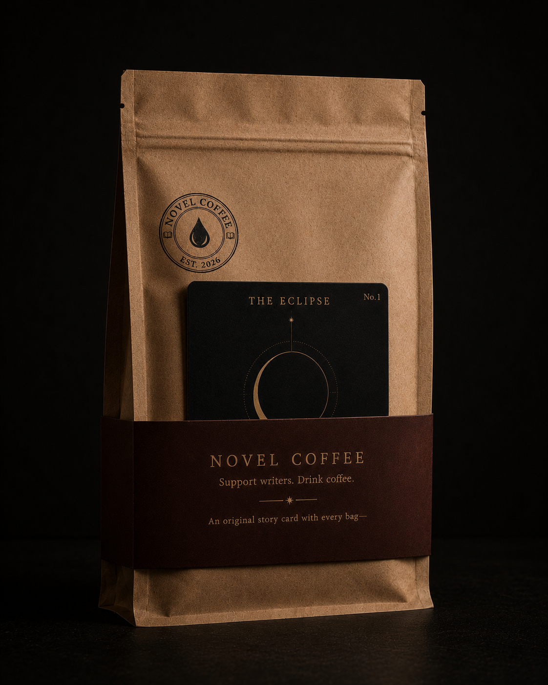 A kraft paper bag of Novel Coffee stamped with a circular maker's mark, wrapped in a deep oxblood belly band, with a black numbered story card tucked in behind it.