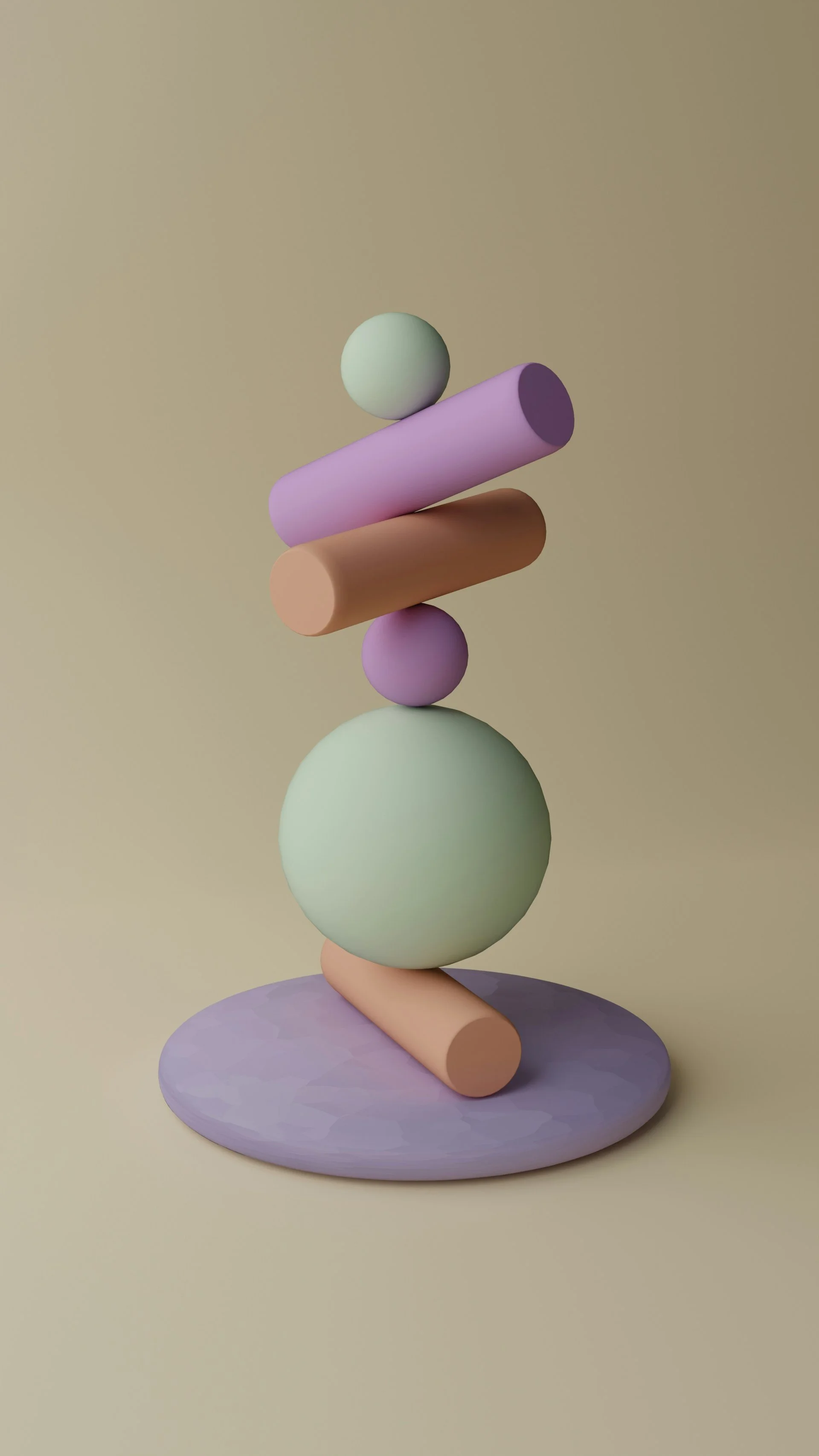Abstract sculpture featuring stacked pastel-colored spheres and cylinders on a flat base with a neutral background.