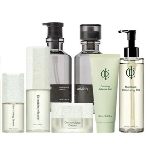 Collection of RIMAN skincare products including cleansers, creams, balancers, and oils in clear bottles with minimal labels.