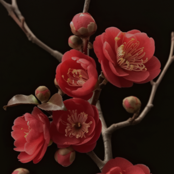 Close-up of red winterflower blossoms with yellow stamens on a dark background.