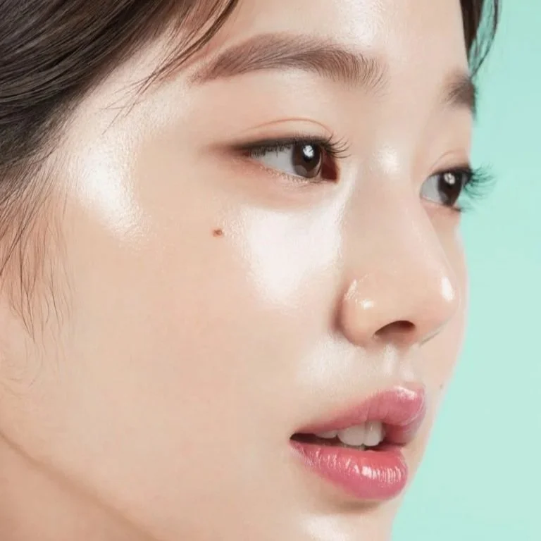 Close-up of a young woman's face with clear, glowing skin, light makeup, and natural lip colour by RIMAN.