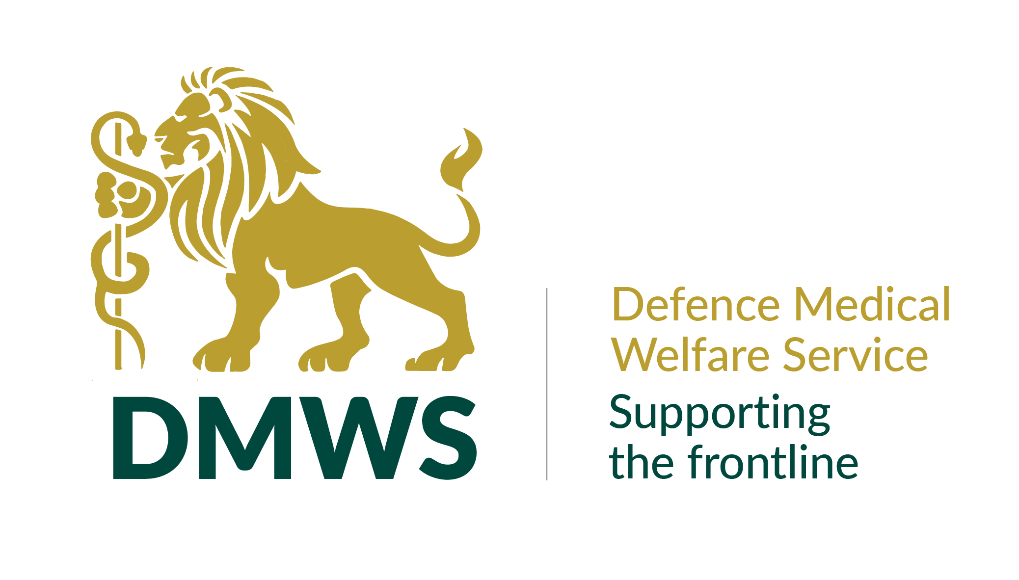 Logo of Defence Medical Welfare Service (DMWS) featuring a gold lion holding a staff with a snake, and text indicating support for frontline workers.