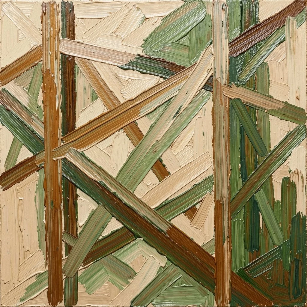 Abstraktes Gemälde mit dicken, diagonalen und vertikalen Pinselstrichen in Grüntönen, Brauntönen und Beige.