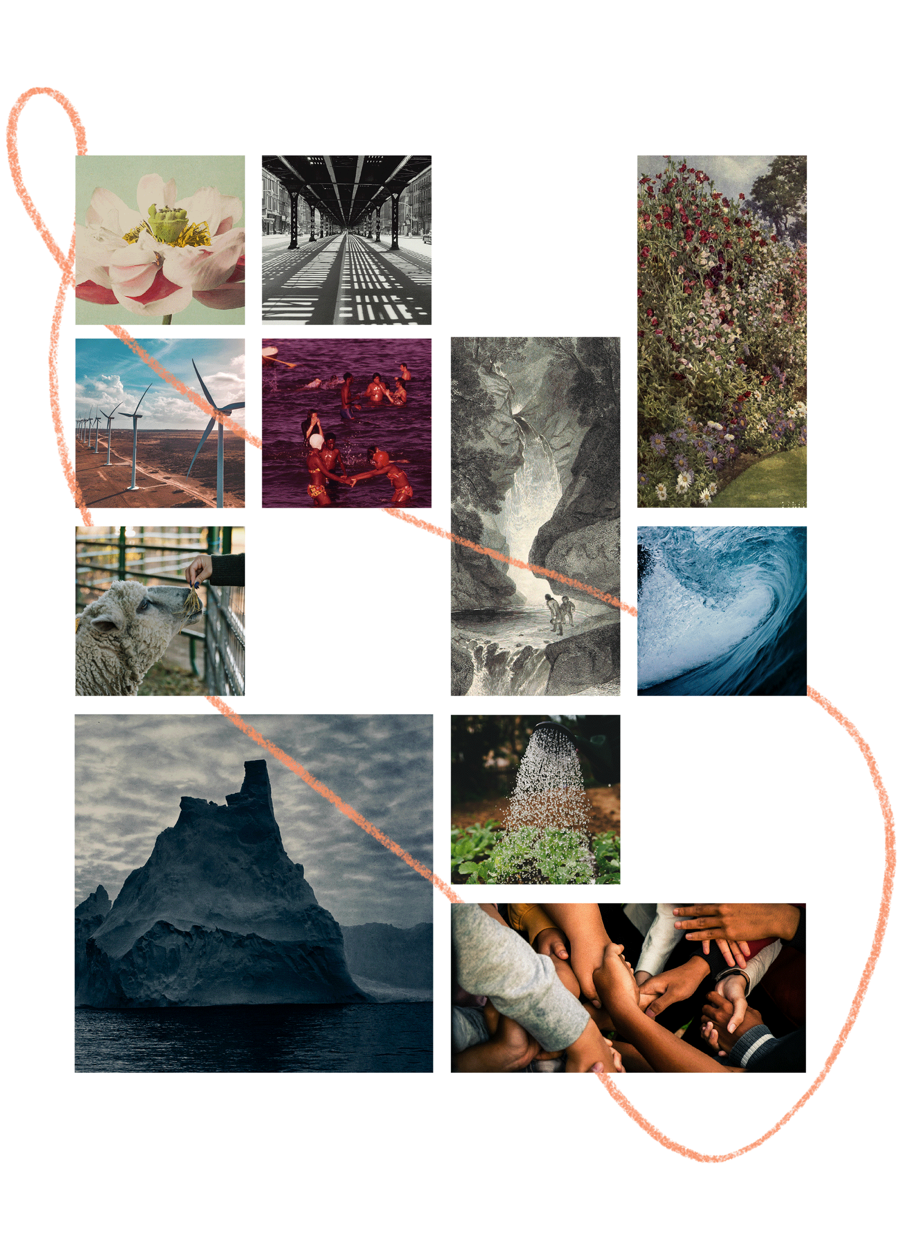 A collage of various nature scenes and human activities, including flowers, a city street, wind turbines, people swimming, a mountain, waterfalls, waves, a sheep, and people holding hands in a circle.