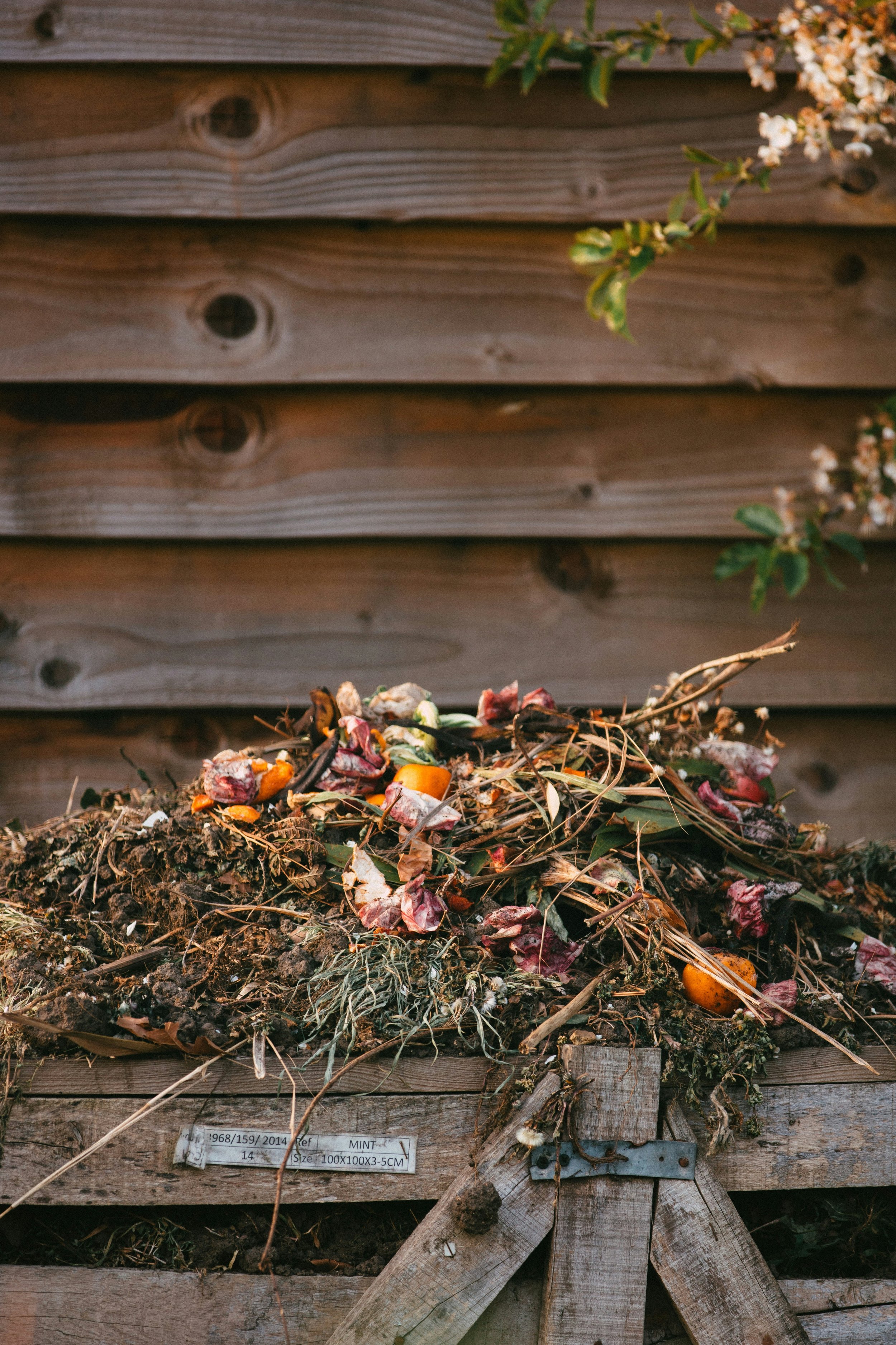 A pile of compost or garden waste consisting of dried leaves, vegetable scraps, and twigs in front of a wooden compost bin or structure with a large wooden wheel at the bottom.